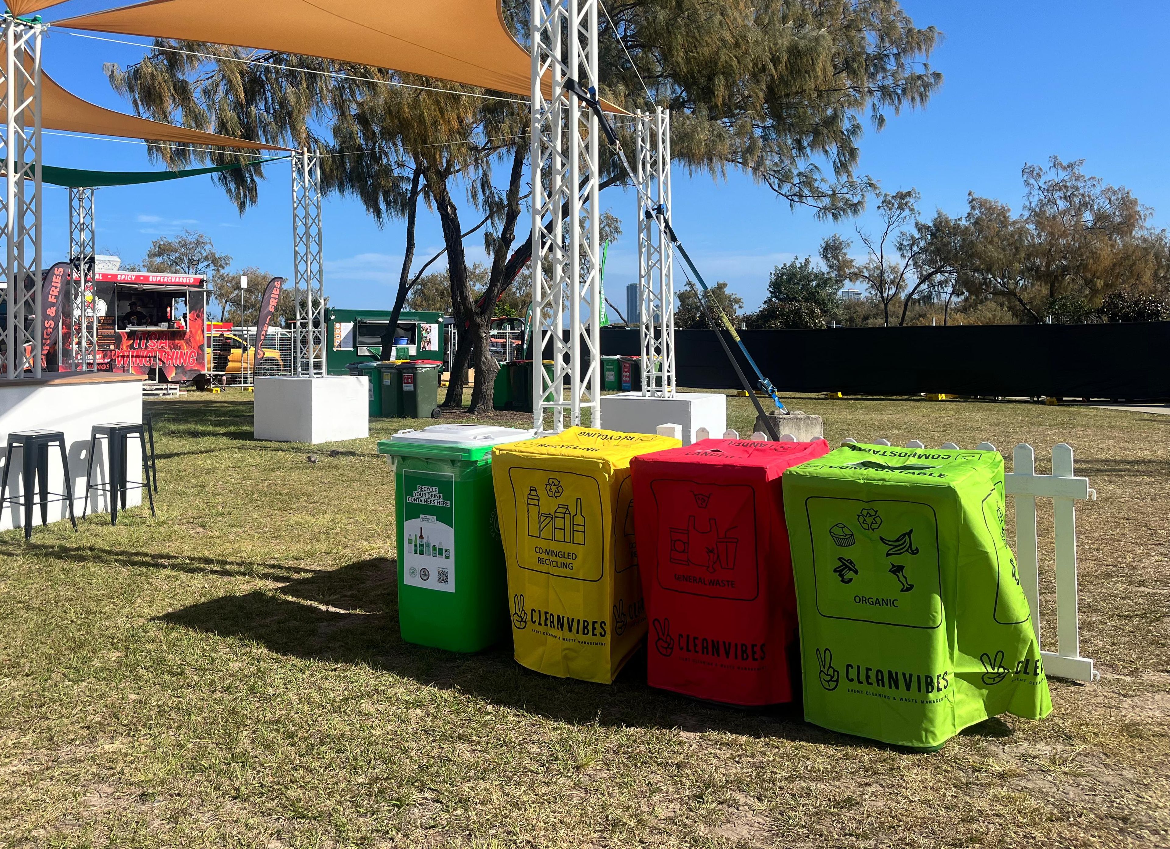 General waste, recycling, glass and organic bins