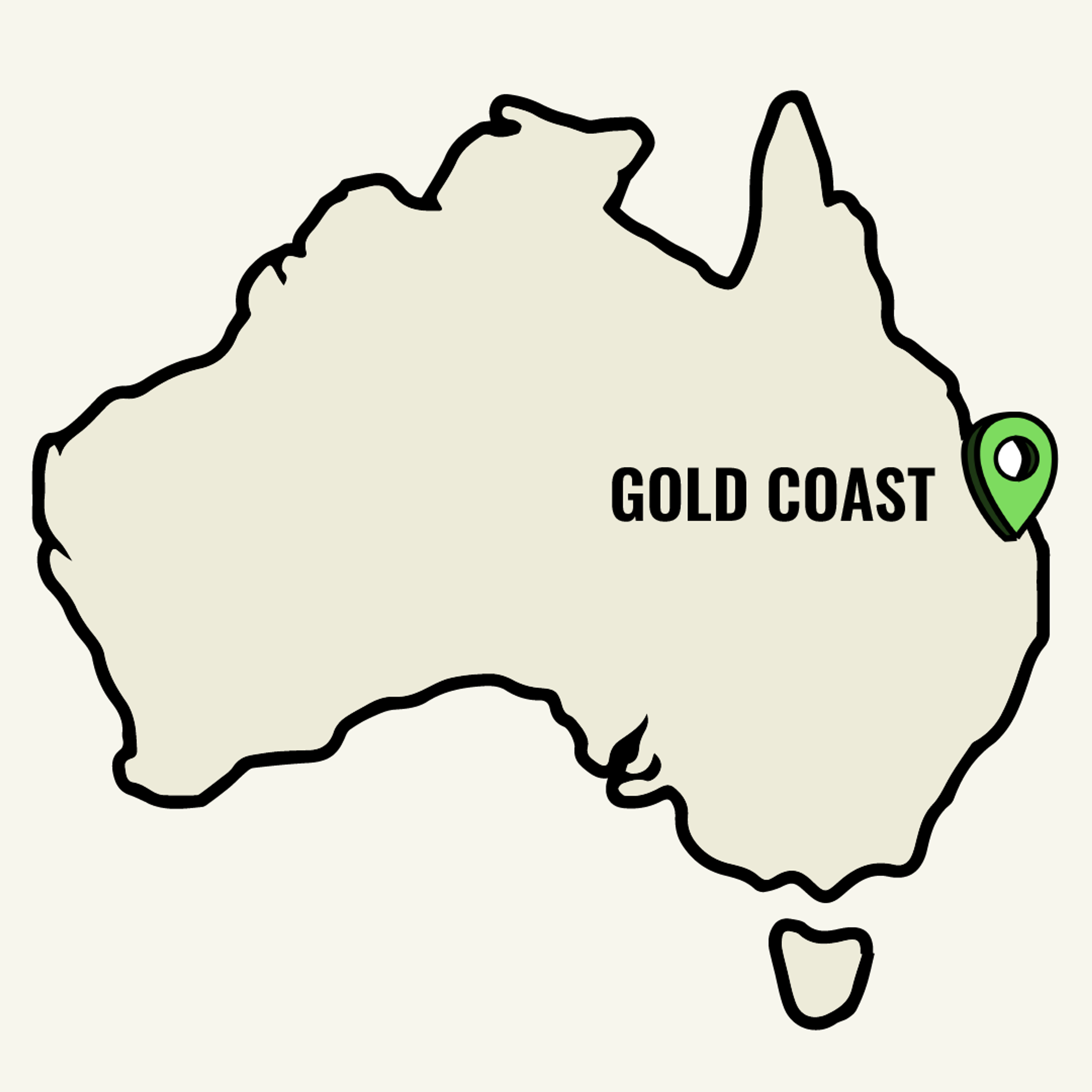 Map of Australia showcasing the Gold Coast location point