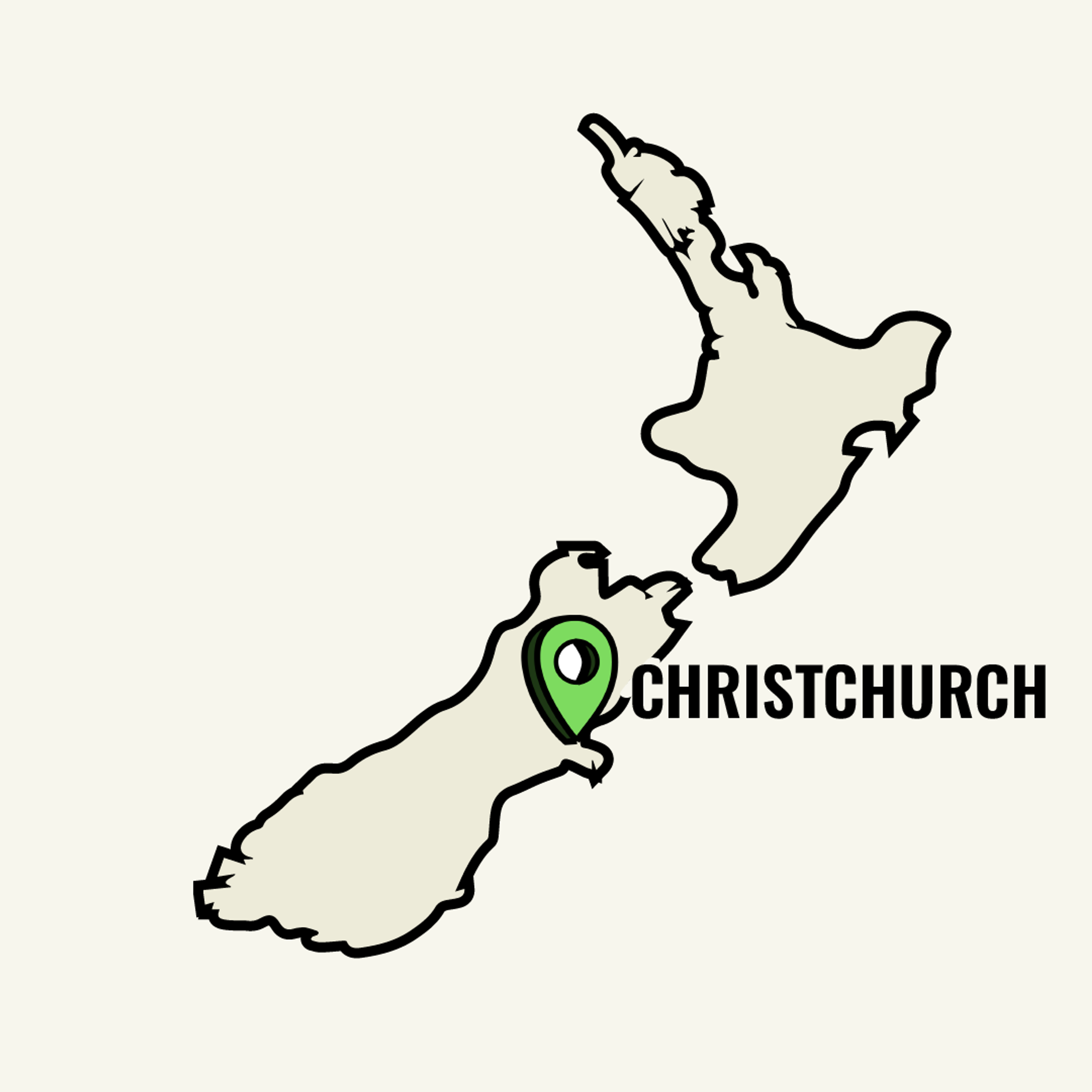 Map of Christchurch showcasing Auckland location point