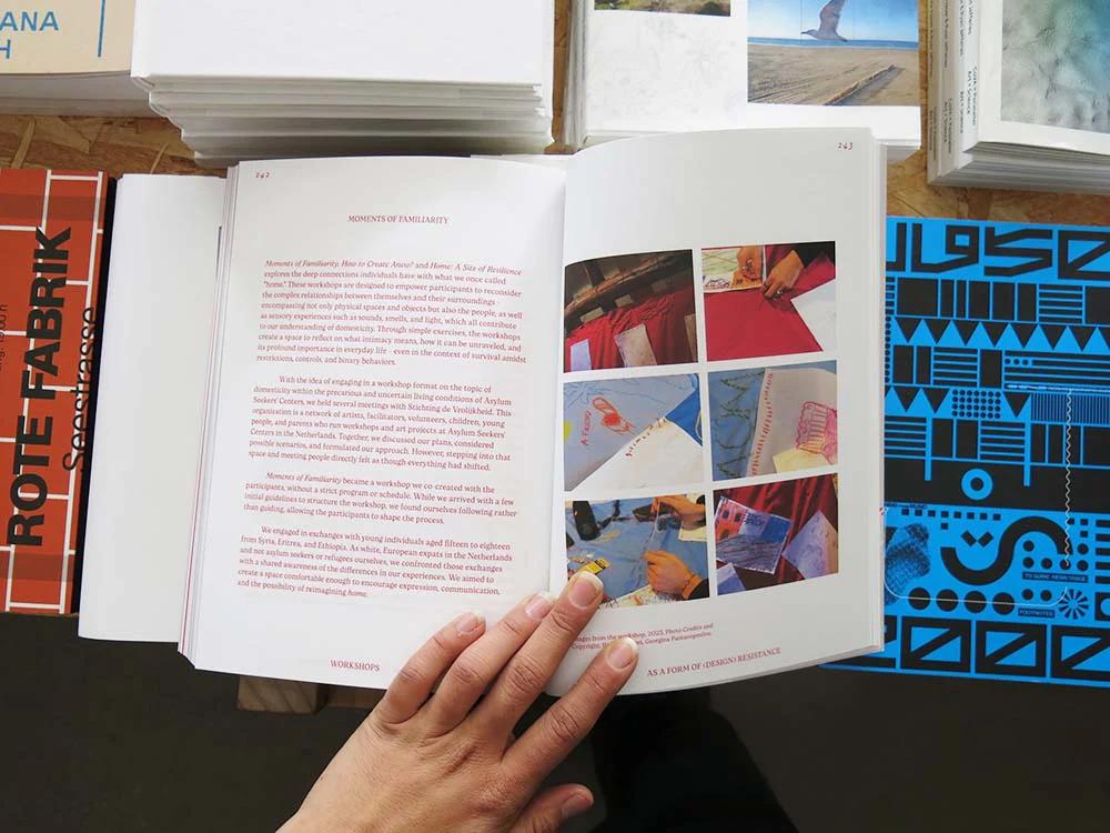 An image of pages from inside the Book 'They asked me to design a house, I asked them to design a home' with images and writing labelled 'Moments of Familiarity'