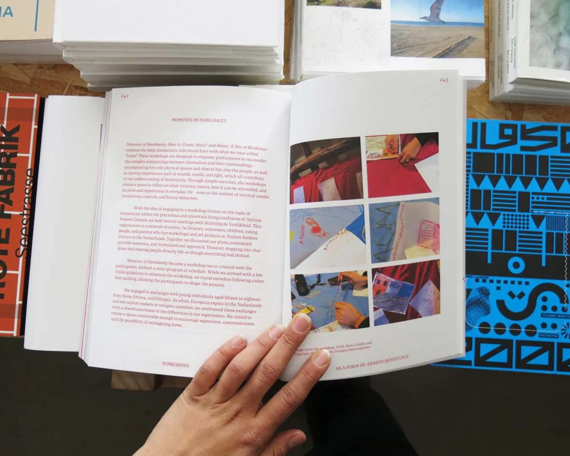 An image of pages from inside the Book 'They asked me to design a house, I asked them to design a home' with images and writing labelled 'Moments of Familiarity'