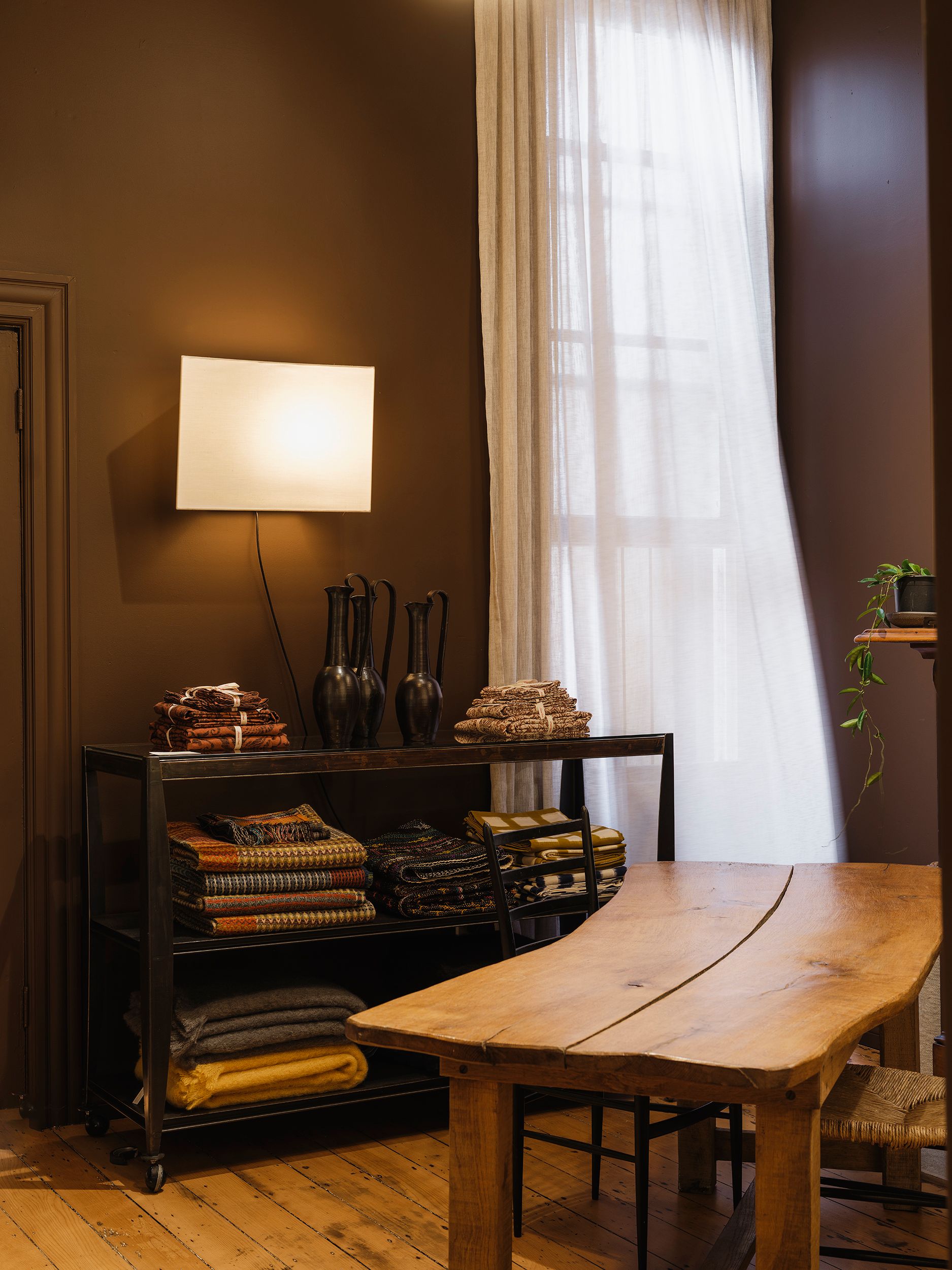 Interior of Handcrafted Modern featuring Aalto's Forest Floor walls, handcrafted textiles, vintage furniture and contemporary craft.