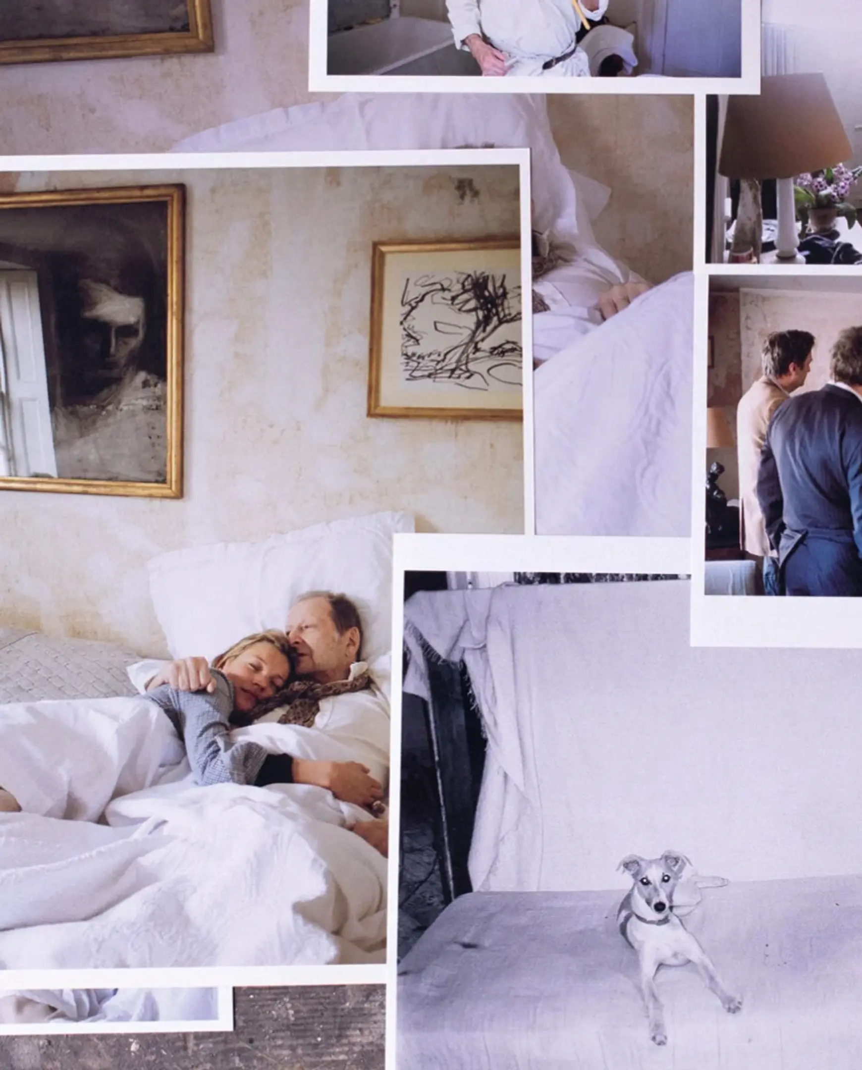 A shot of Kate moss with a collage of images from inside of her London home