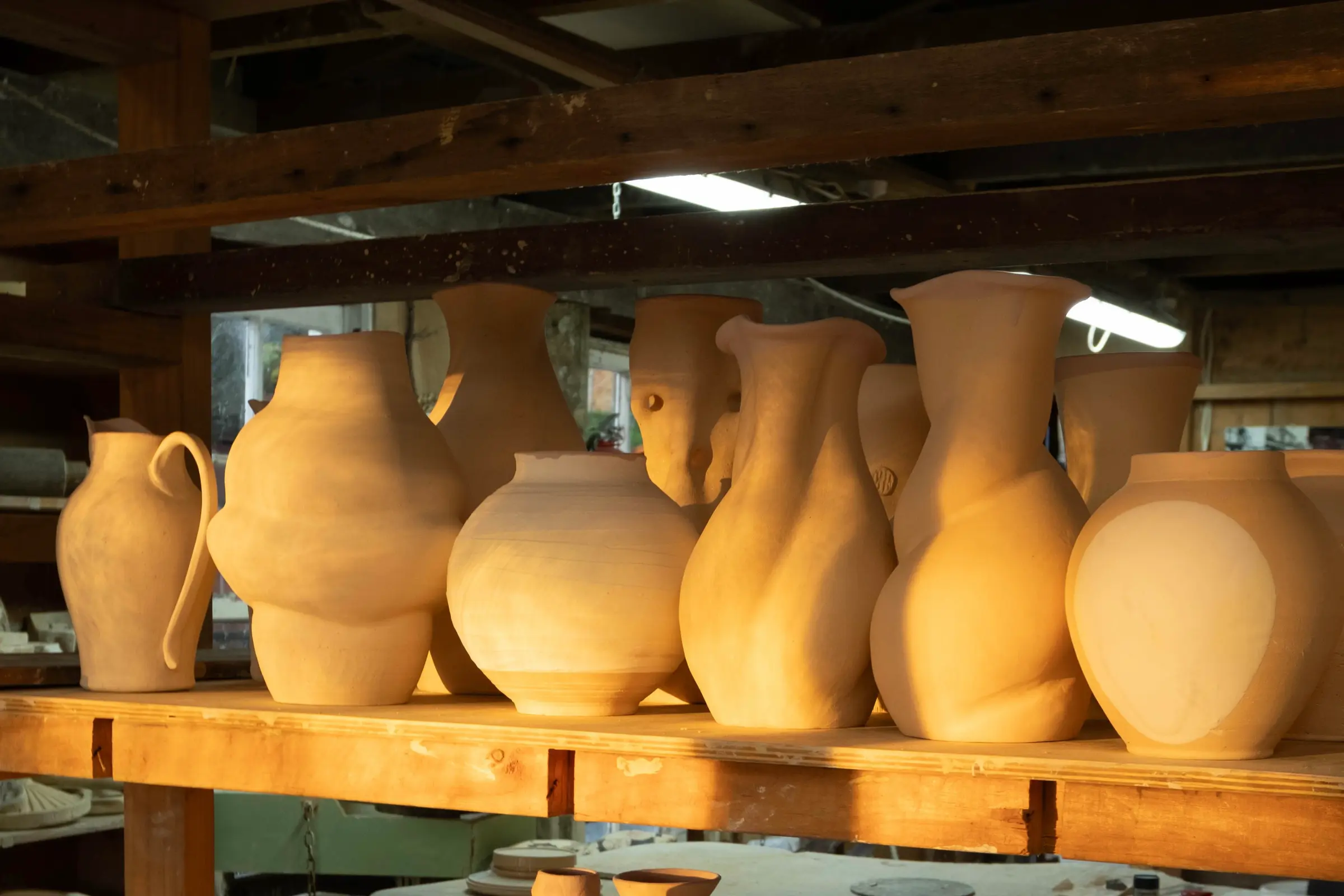 A collection of ceramics that have just been glazed, drying a on a shelf. All made in natural forms but ceramic artist Kaiqi Qiu at her residency at Driving creek pottery in the coromendal New Zealand