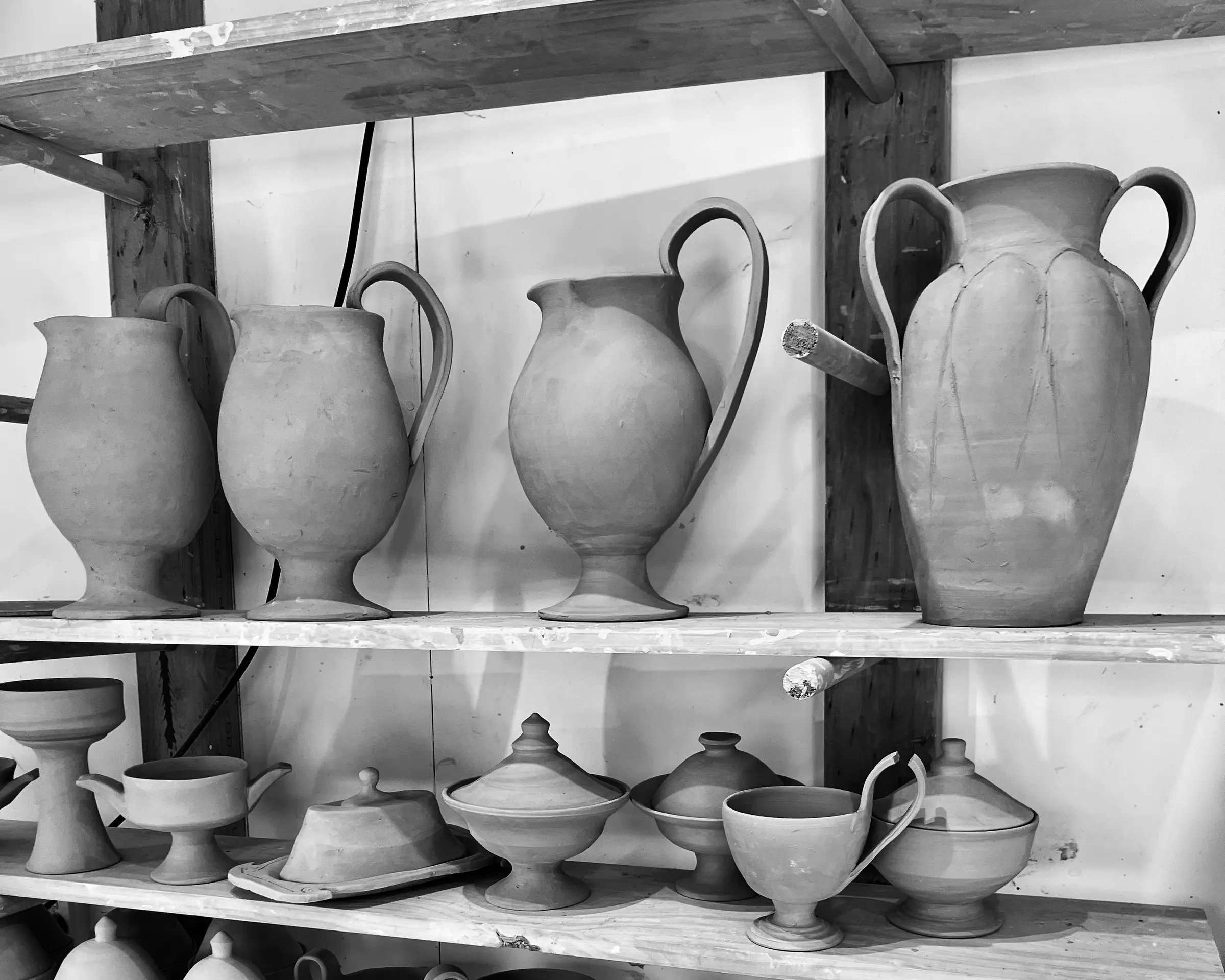 Etruscan inspired ceramic vases and vessels drying in Kirsten dryburghs pottery studio