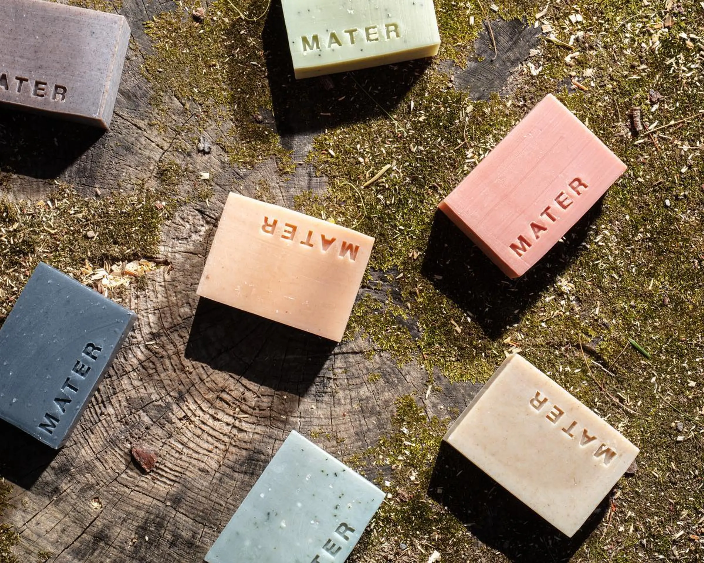 a collection of mater soap on a tree trunk