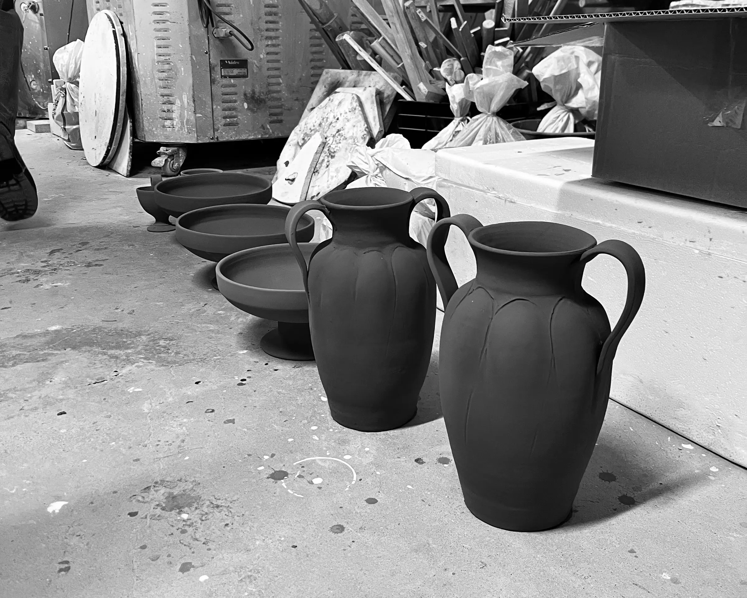 amphora vases drying in Kirsten dryburghs pottery studio