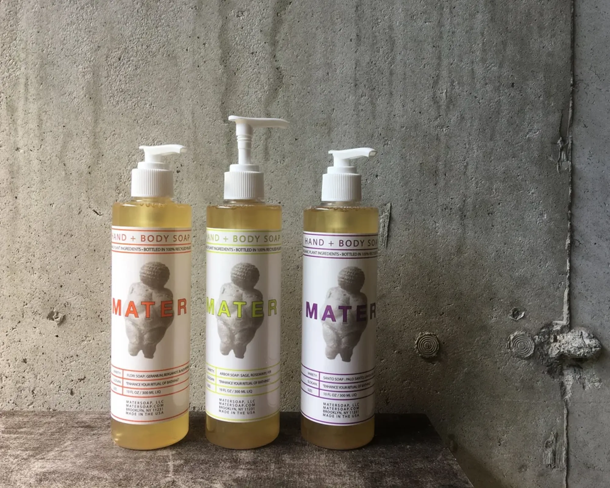 mater par liquid soaps on a concrete ledge