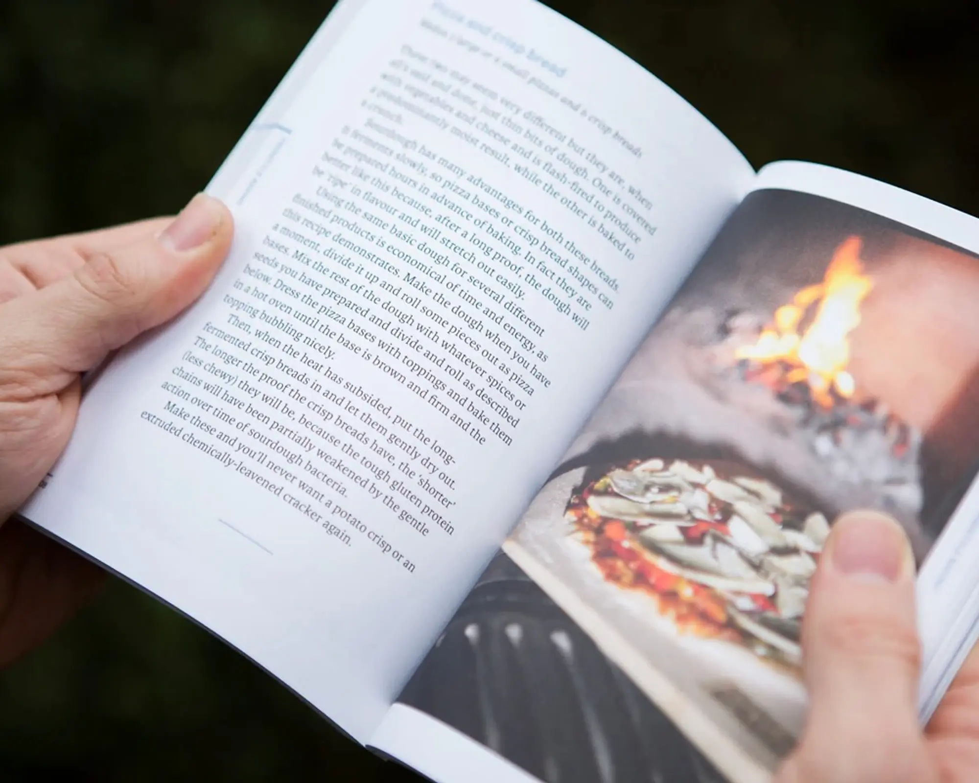 Inside of the Do sourdough book, someone holding the book open to a page with an image of sourdough pizza infront of a wood fire
