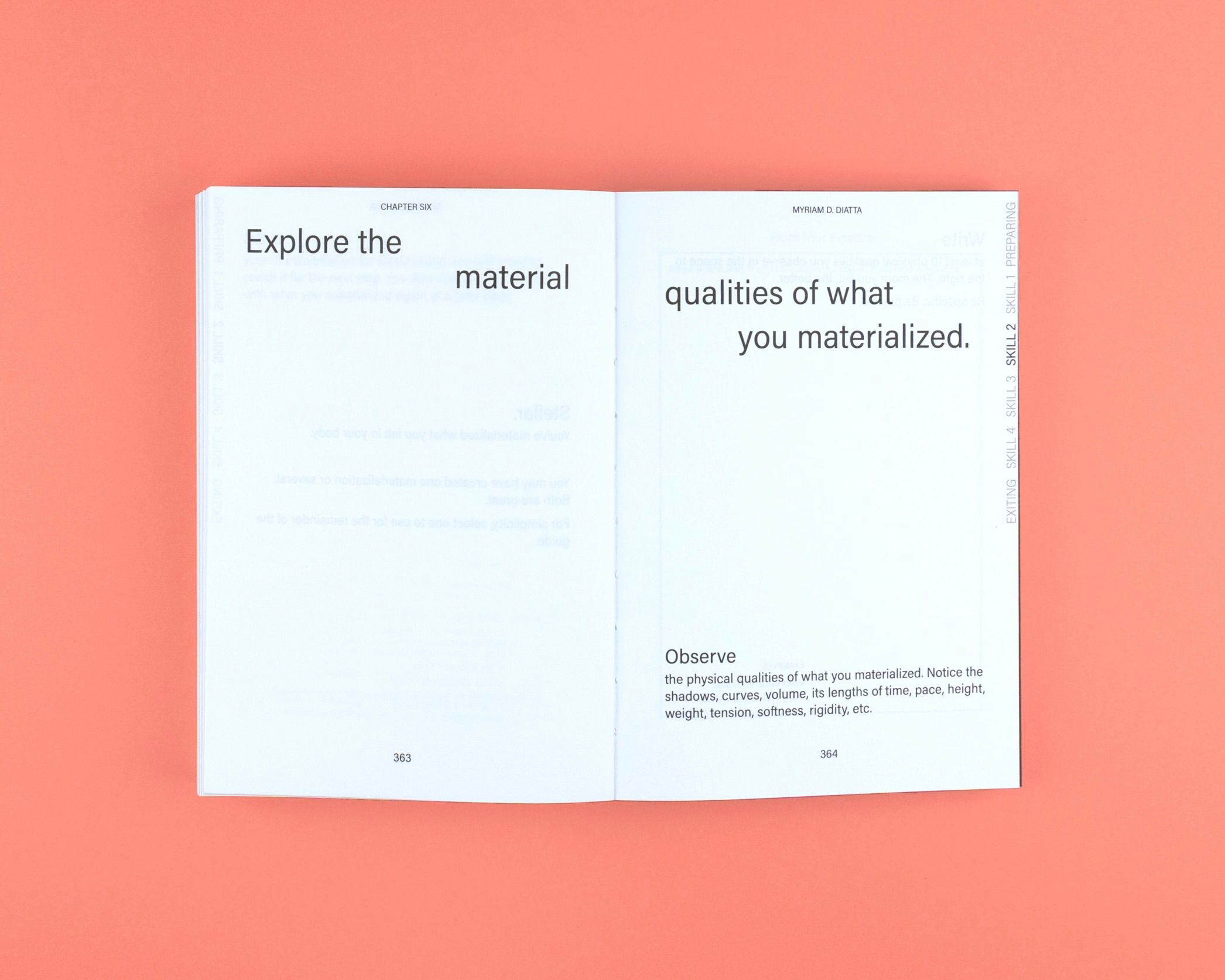 A snap from inside of the 'Doing creative work from your political body' book showing a caption from their writing on a peach coloured background