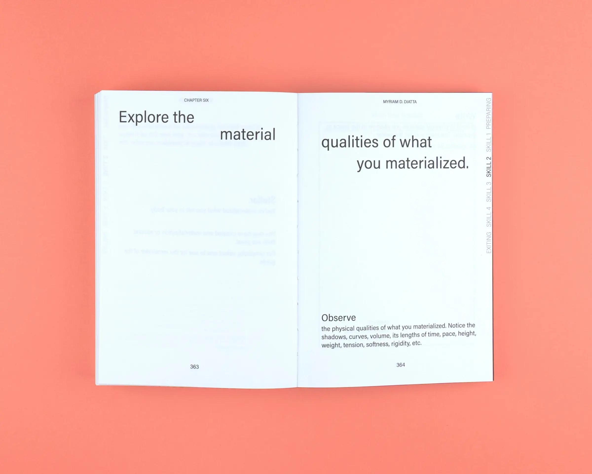 A snap from inside of the 'Doing creative work from your political body' book showing a caption from their writing on a peach coloured background