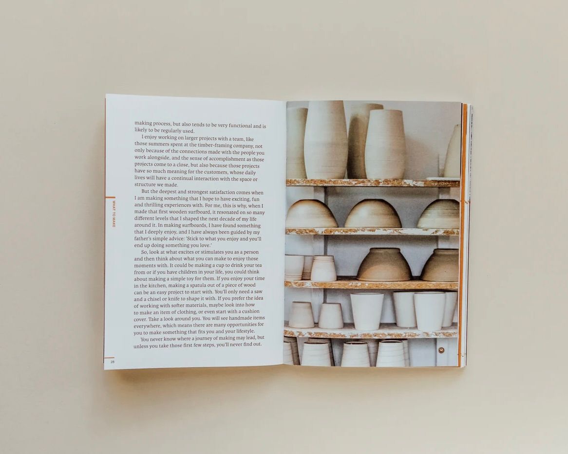 A snapshot inside of the 'Do Make' book by James Potter with a page of the writing and am image of pottery shelved filled with vases and bowls drying