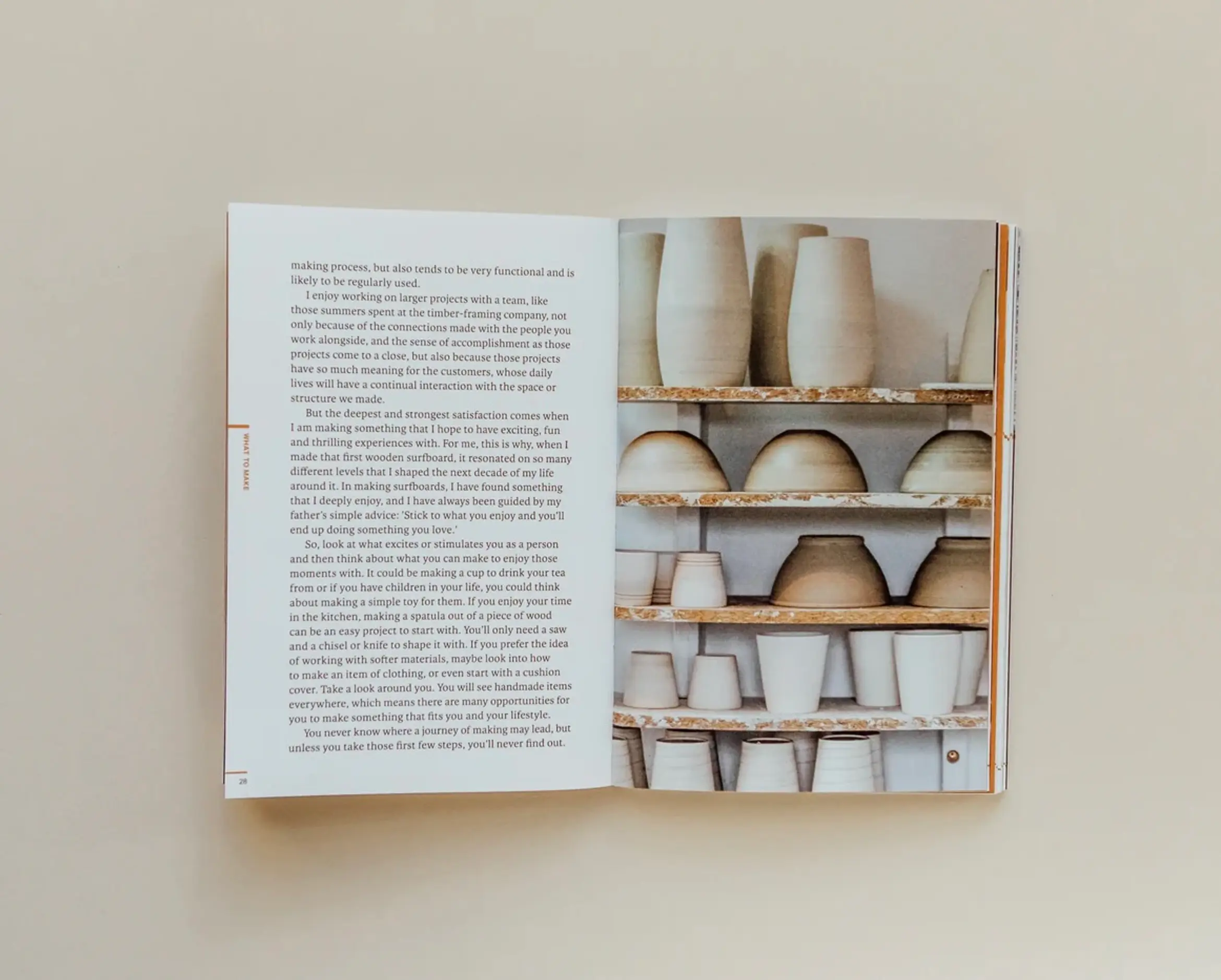 A snapshot inside of the 'Do Make' book by James Potter with a page of the writing and am image of pottery shelved filled with vases and bowls drying