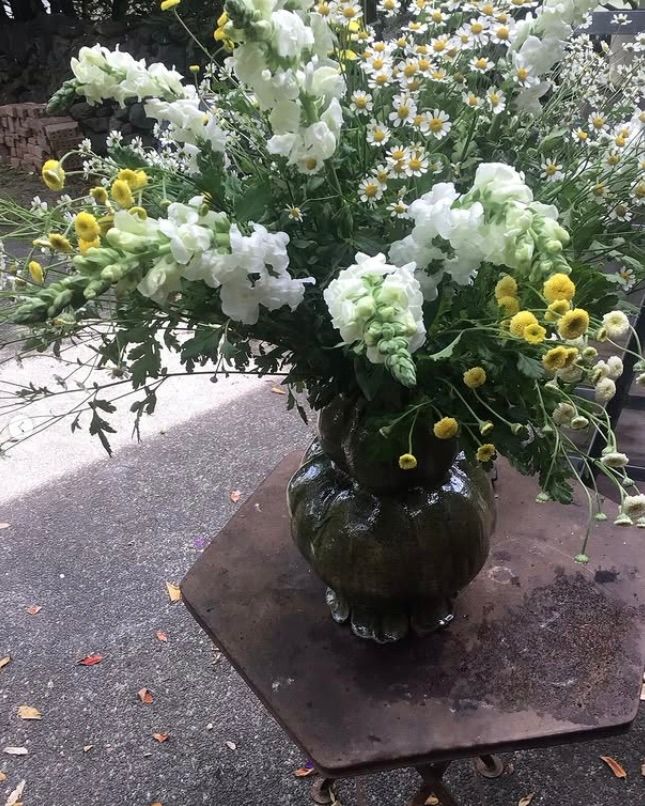 a photo of a vase of flowers on a garden table