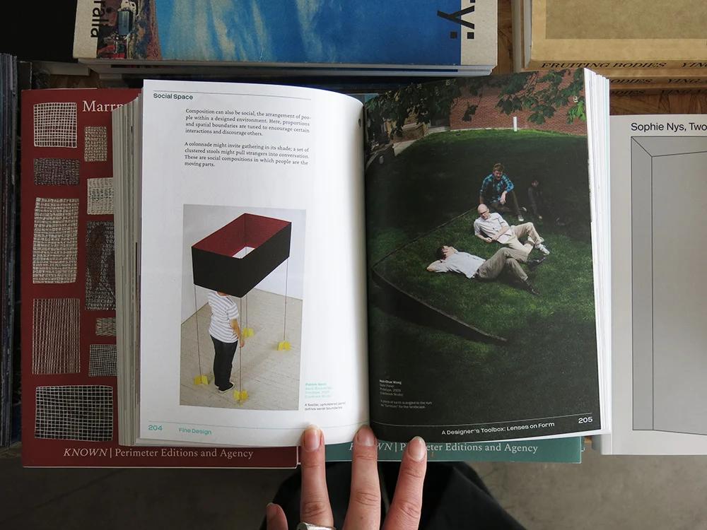 Fine Design: A Studio Guide to Remixing Design, Art, Craft, and Industry open to an interior spread exploring social space and design.