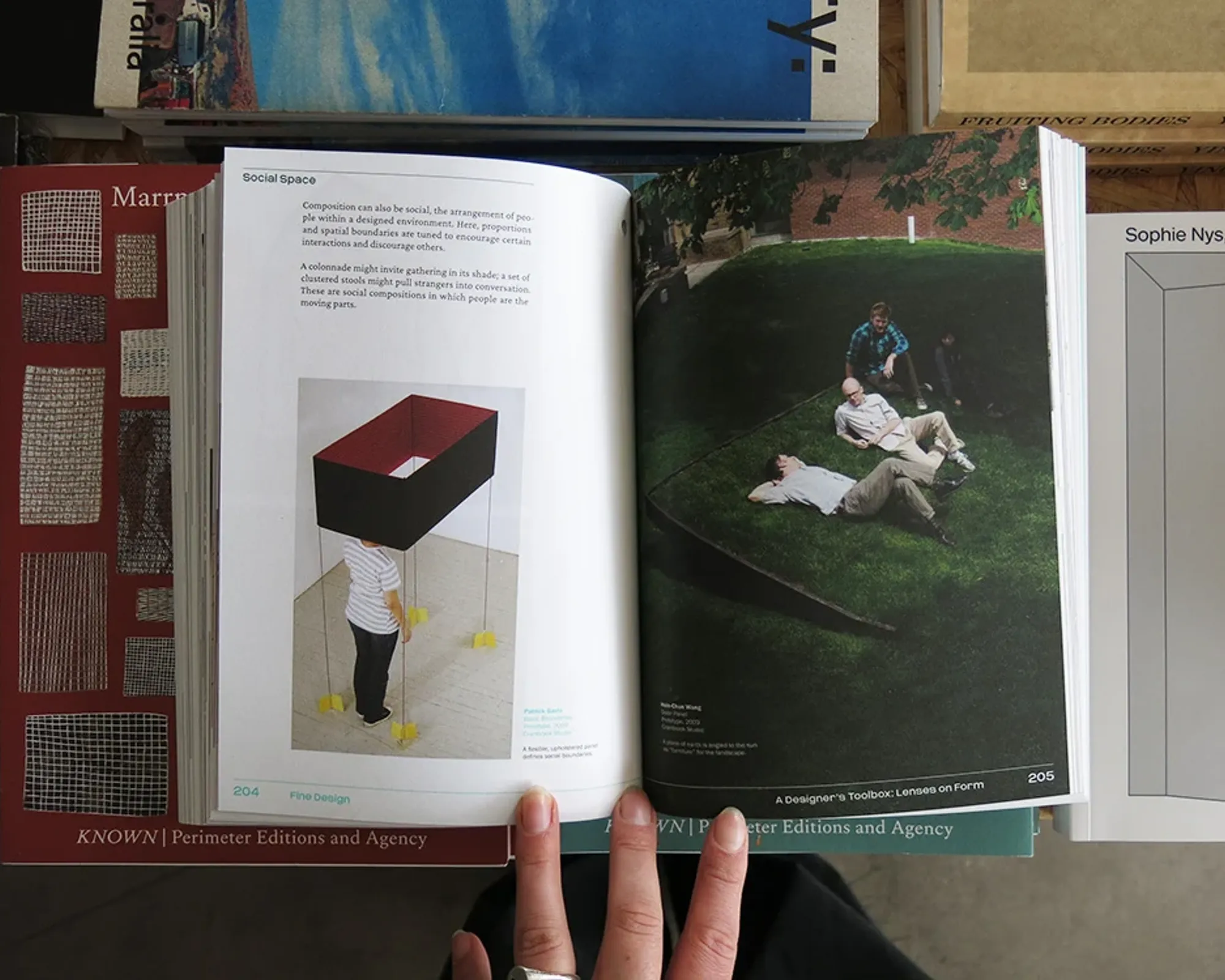 Fine Design: A Studio Guide to Remixing Design, Art, Craft, and Industry open to an interior spread exploring social space and design.