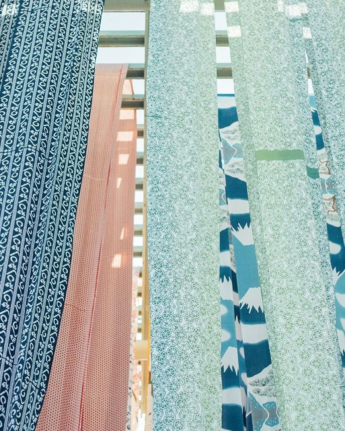 Tenugui textiles hanging to dry 