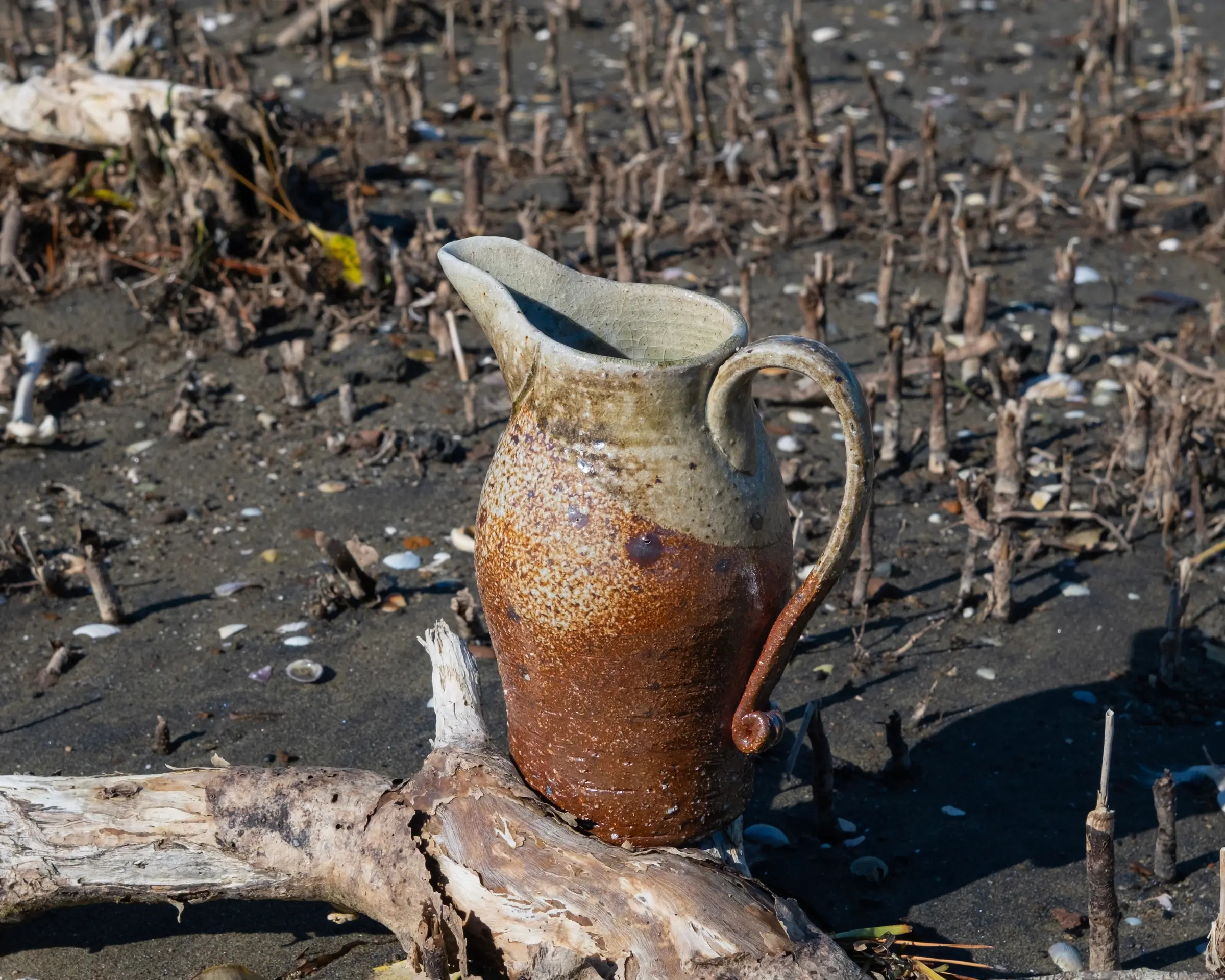 A ceramic jug with rust and sage green tones sitting on a piece of wood in the mangroves of New Zealand nature