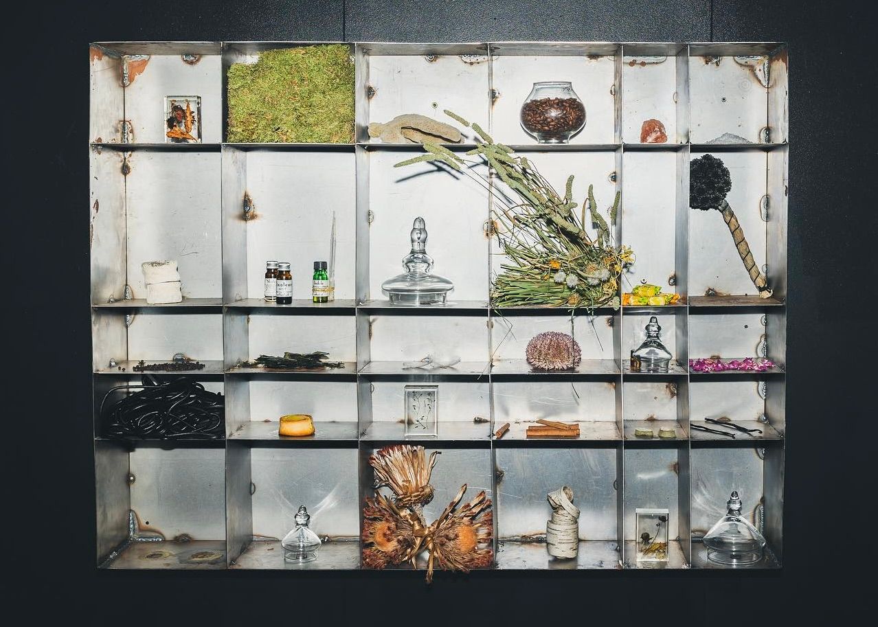 Cabinet of curiosities in Fischersund's fragrance studio, filled with botanicals, moss, spices, glass vessels, and scent-making materials used in the creation of Icelandic perfumes.