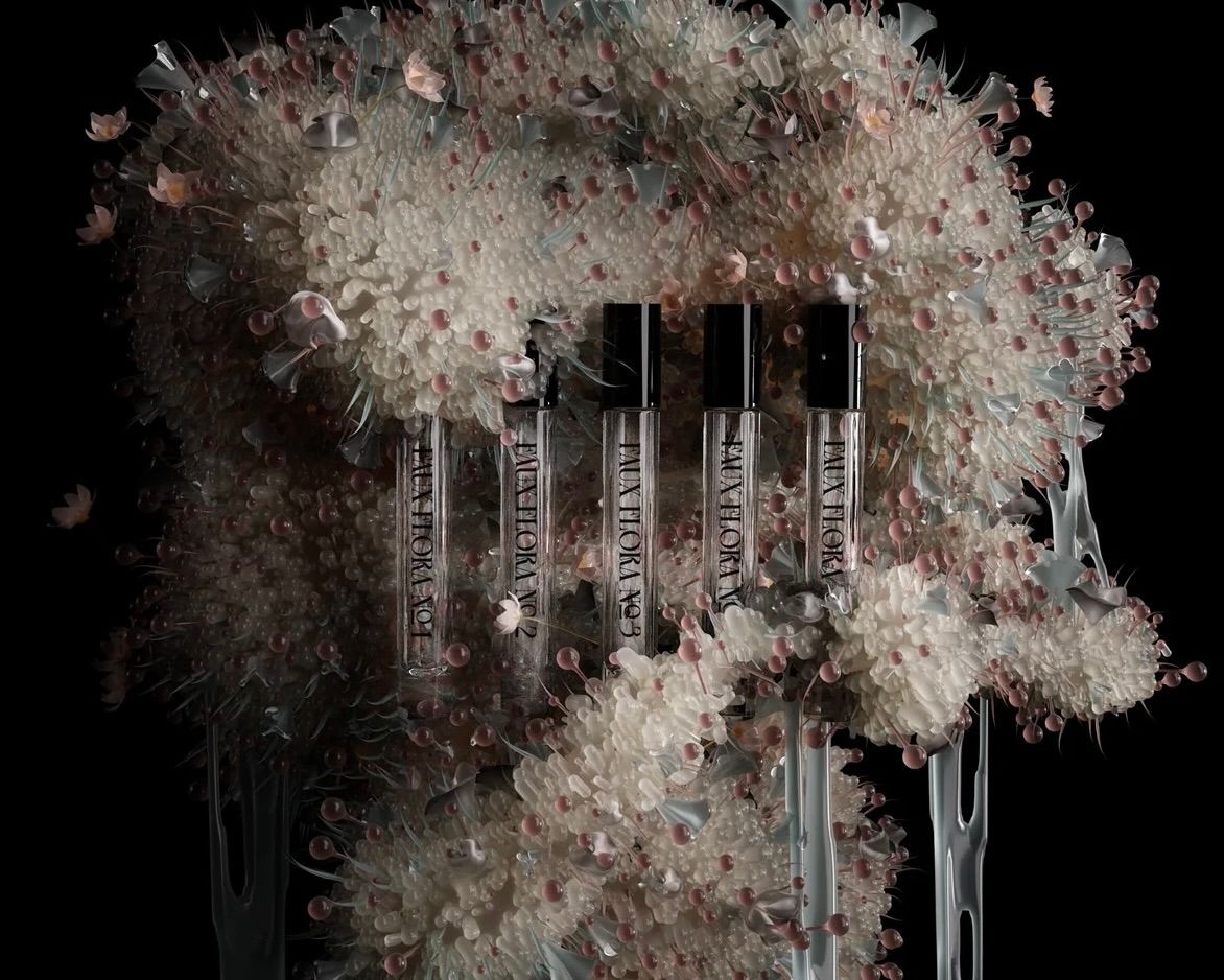 An image of the Faux Flora discovery perfume set from Fischersund in Iceland with crystals and gems adorned