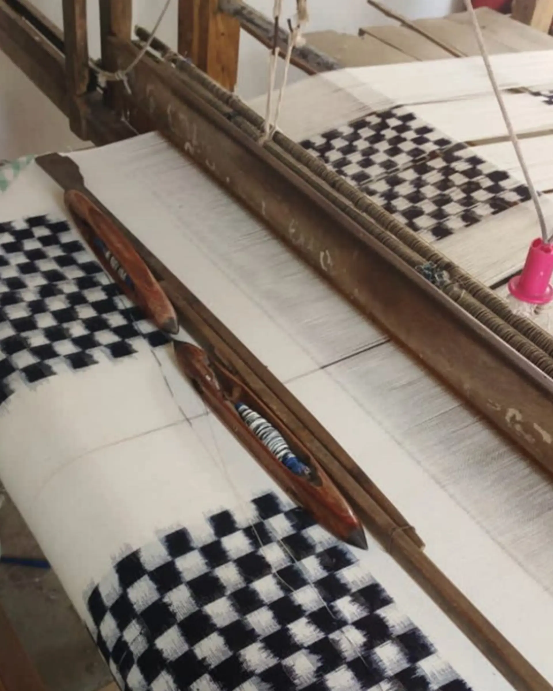 Ikat tea towels a loom being hand woven