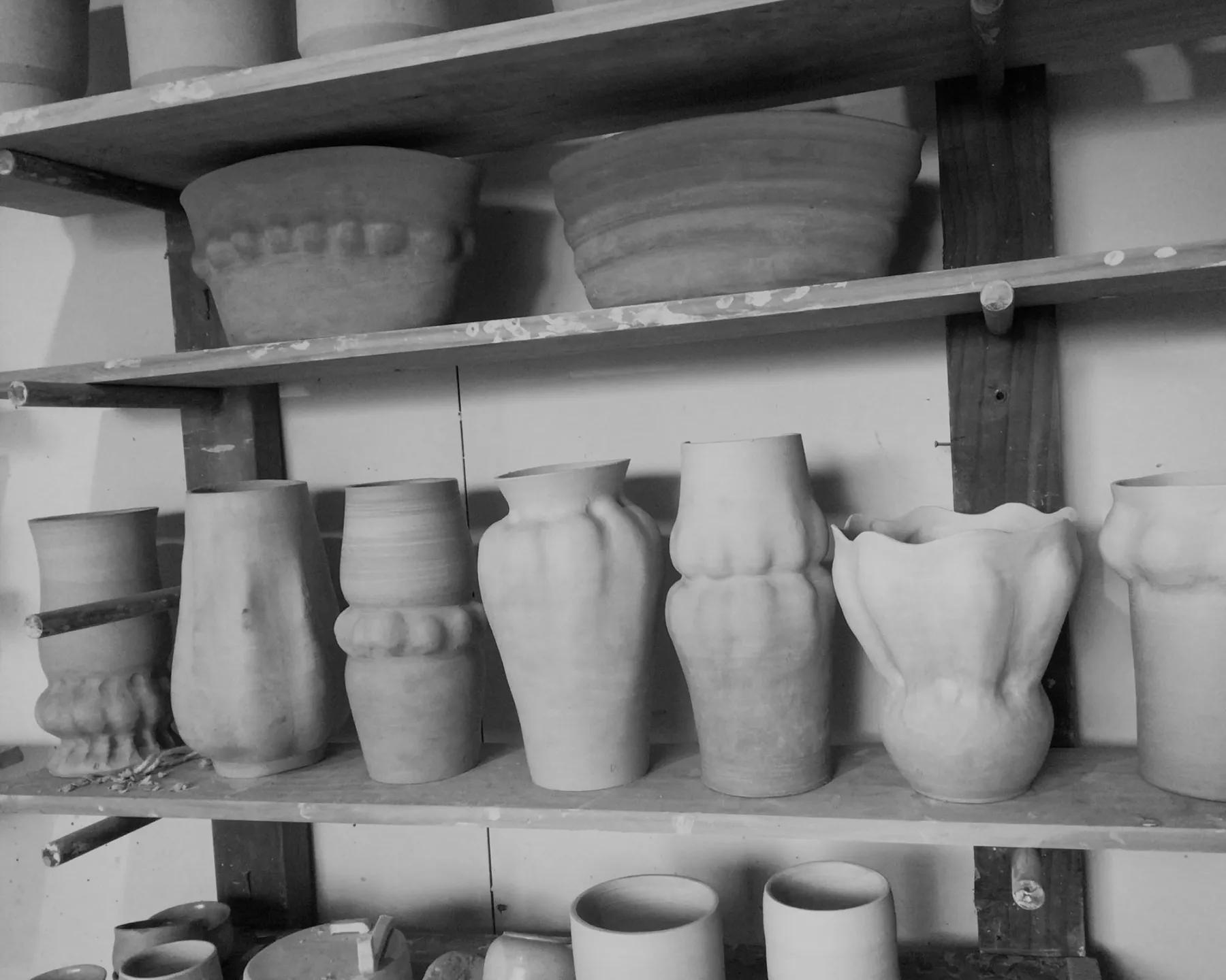 a collection of Kirsten dryburghs lexicon vases drying on a pottery shelf