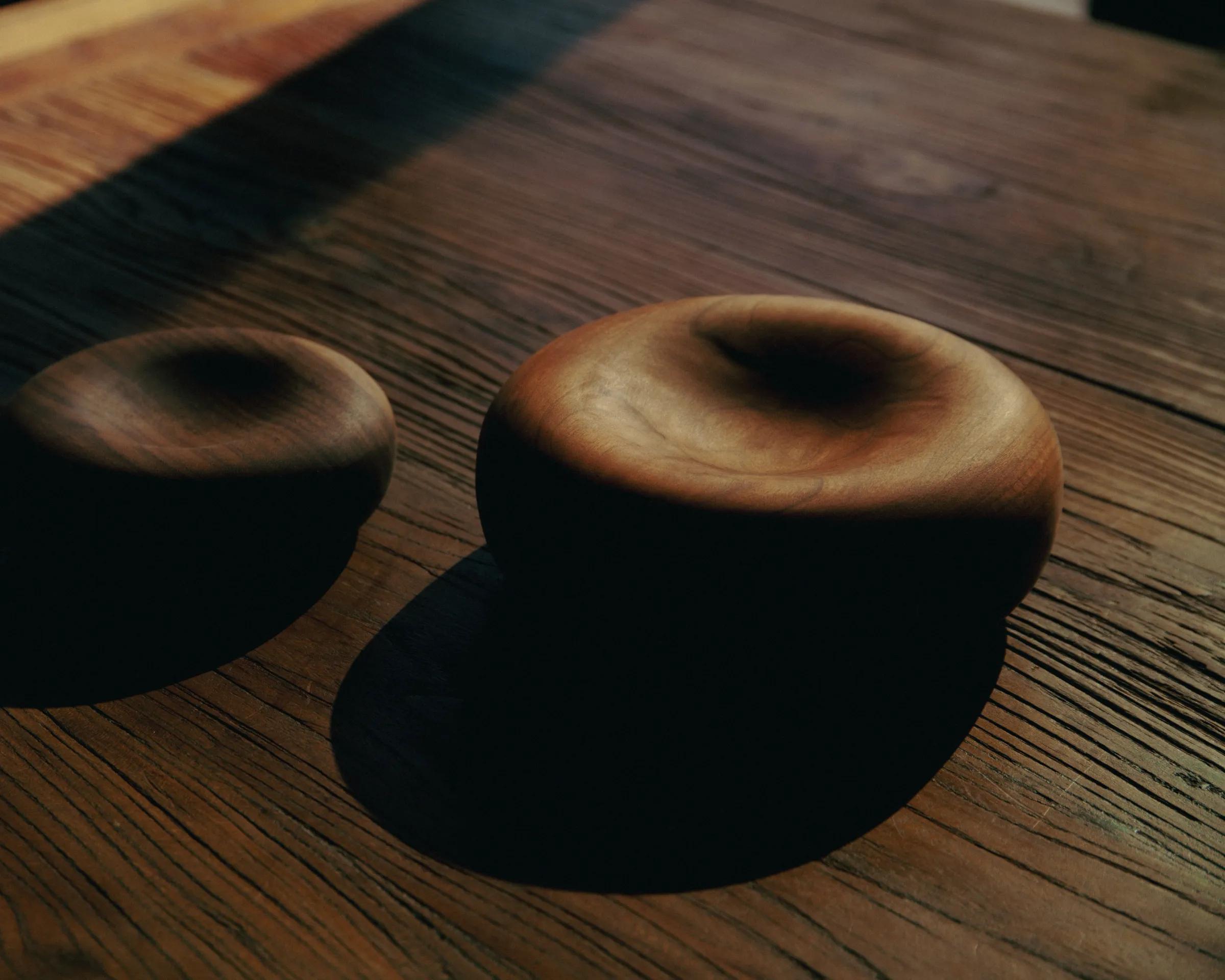 Elise Mclauchlan wooden donut bowls in Maple and walnut
