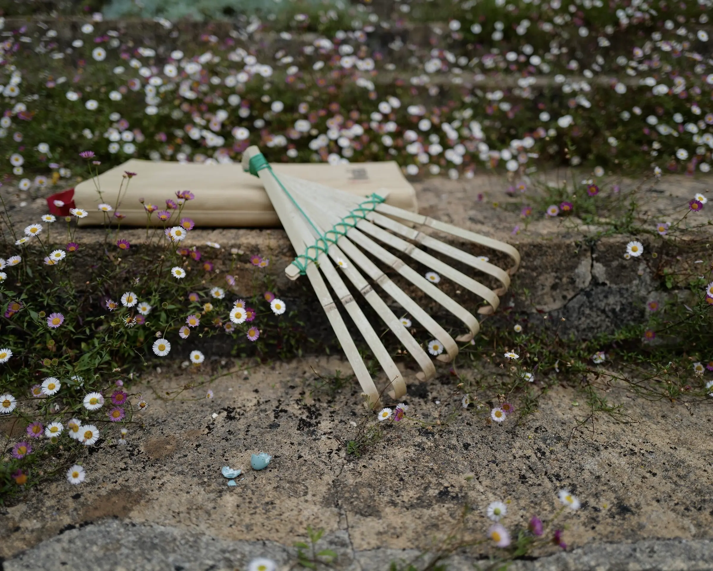 A bamboo hand rake on stone garden steps