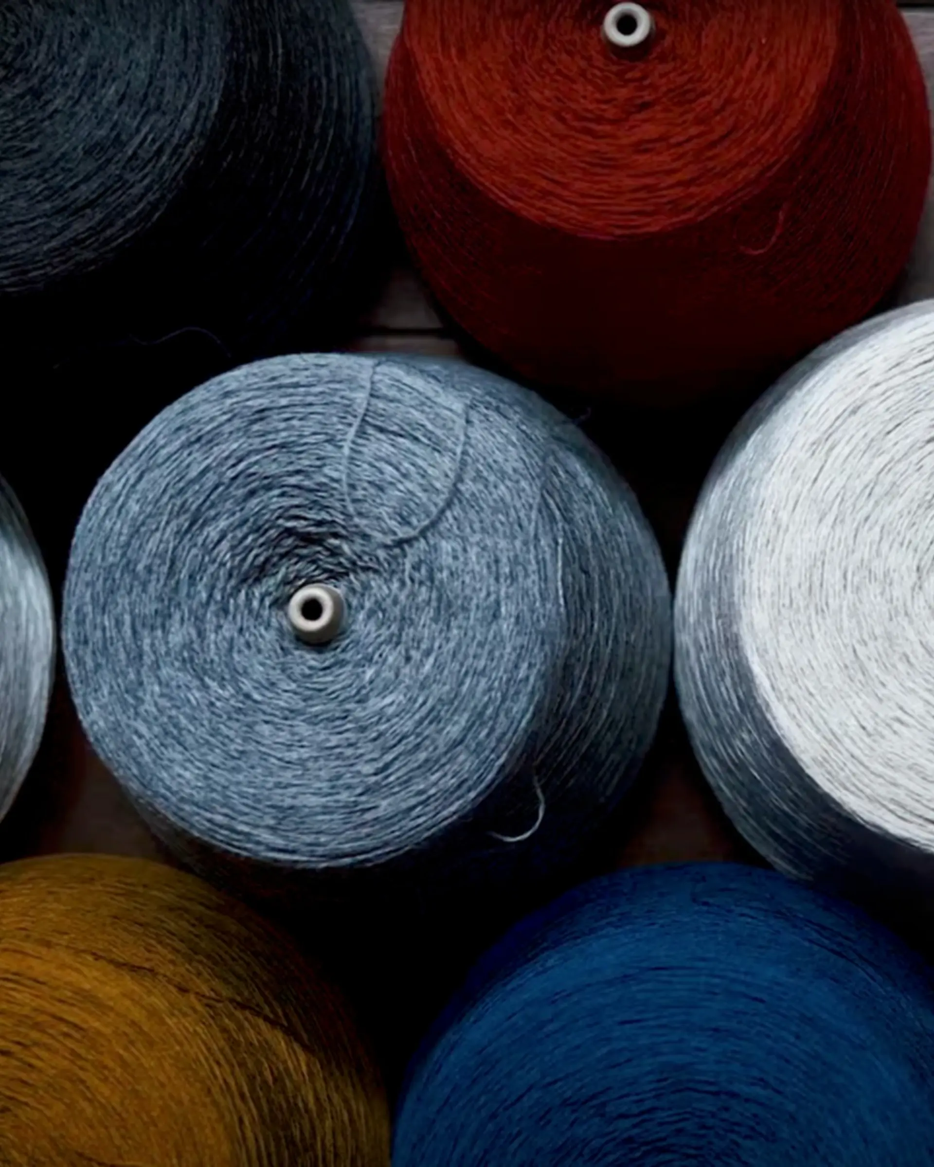 Spools of natural fibres used to make Nishiguchi Kutsushita socks