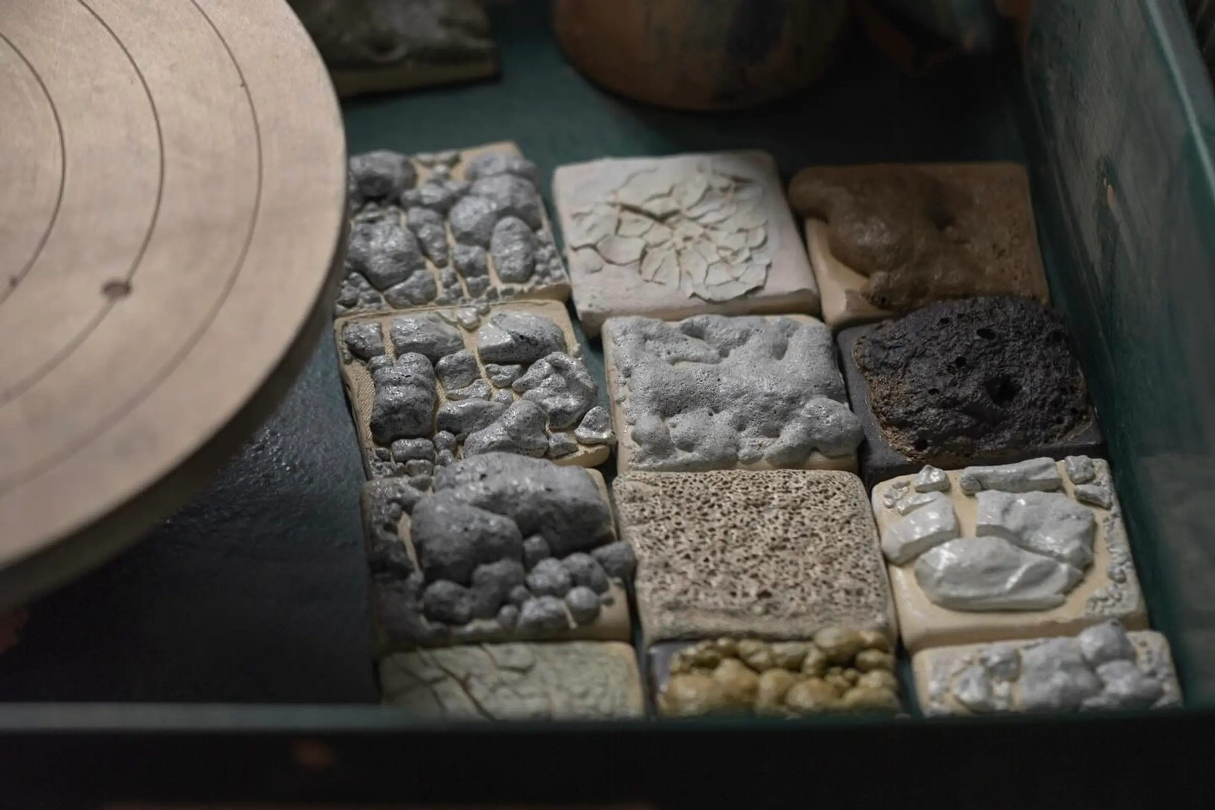 A collection of swatches of glaze from Maria Lorams studio