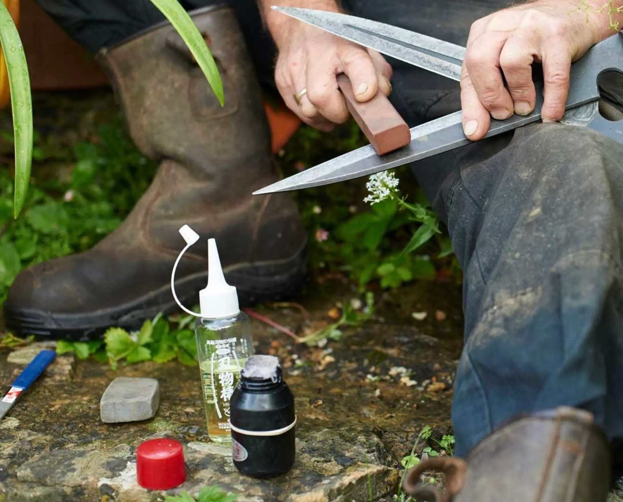 a gardener sharpening a blade with a stone with camellia oil