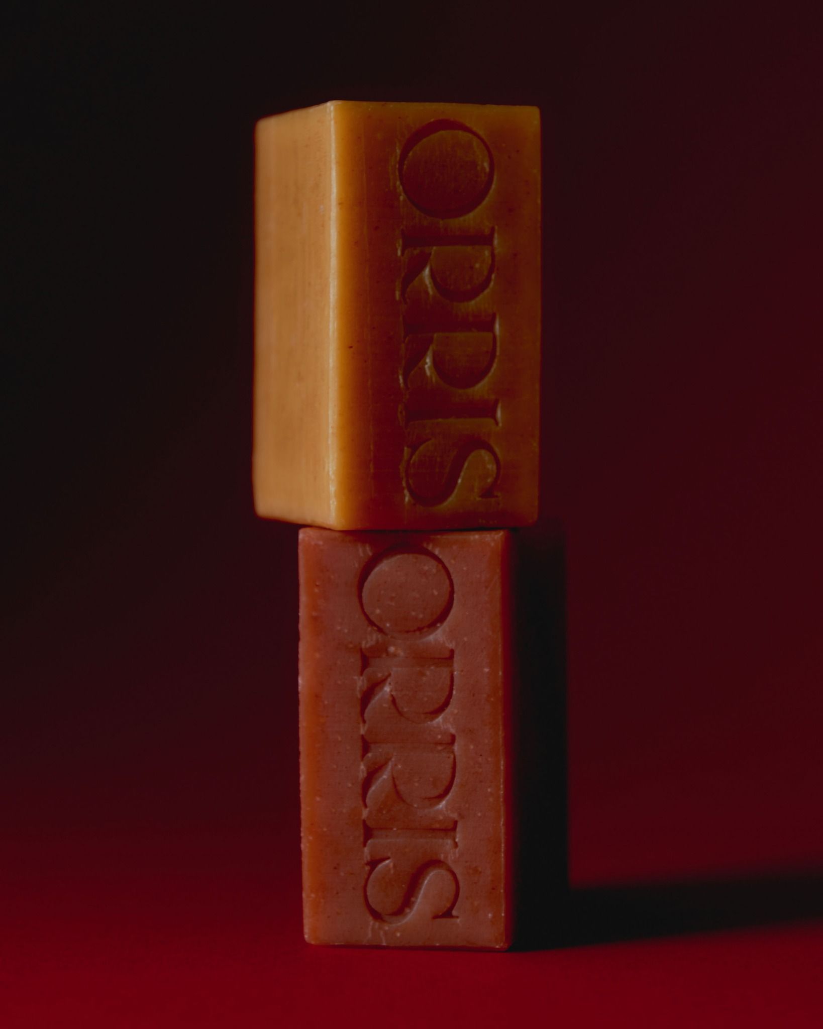 Two ORRIS bars of soap stacked onto of each other 