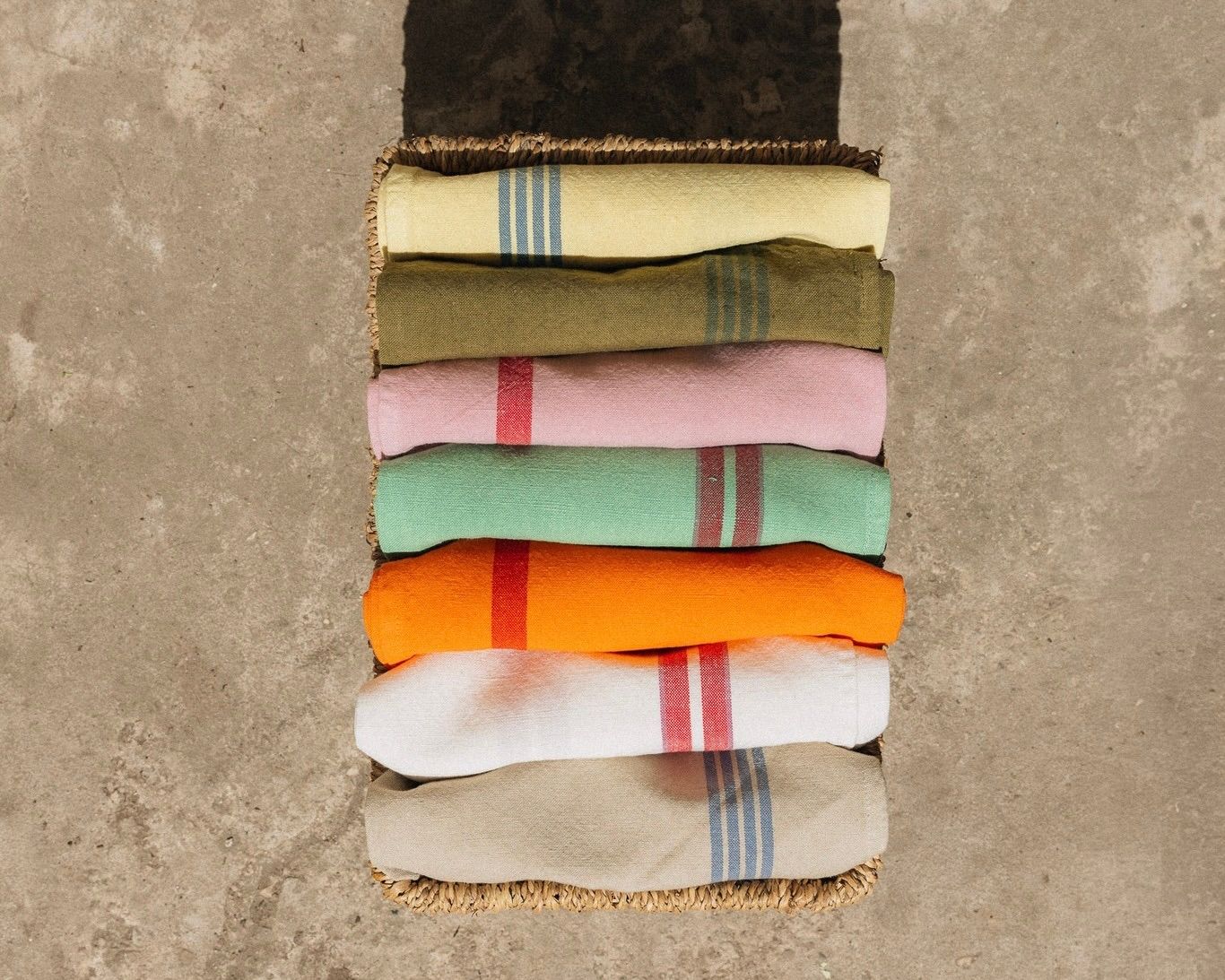 Maison Masarin woven linen and cotton tea towels in a selection of colourful stripes, made in the Vosges, France.