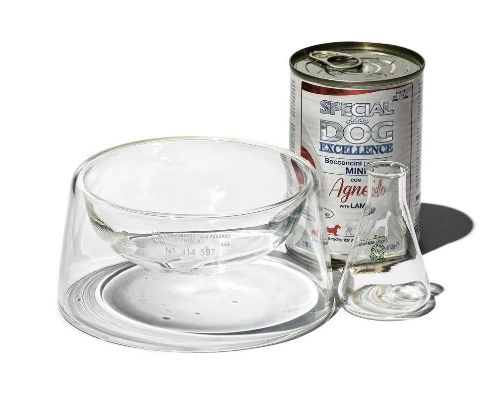 a shot of the glass pet bowl with a can of dog food next to it from Puebco