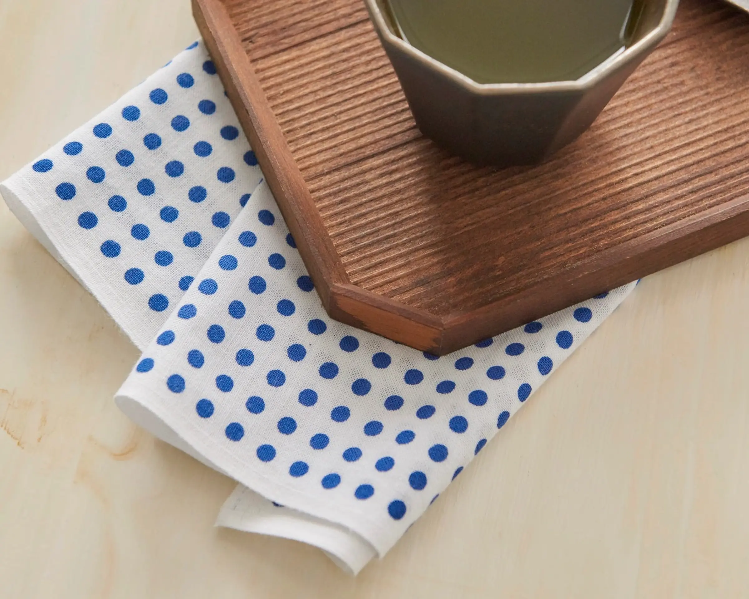 tenugui cloth underneath a wooden tray with a cup of tea onto
