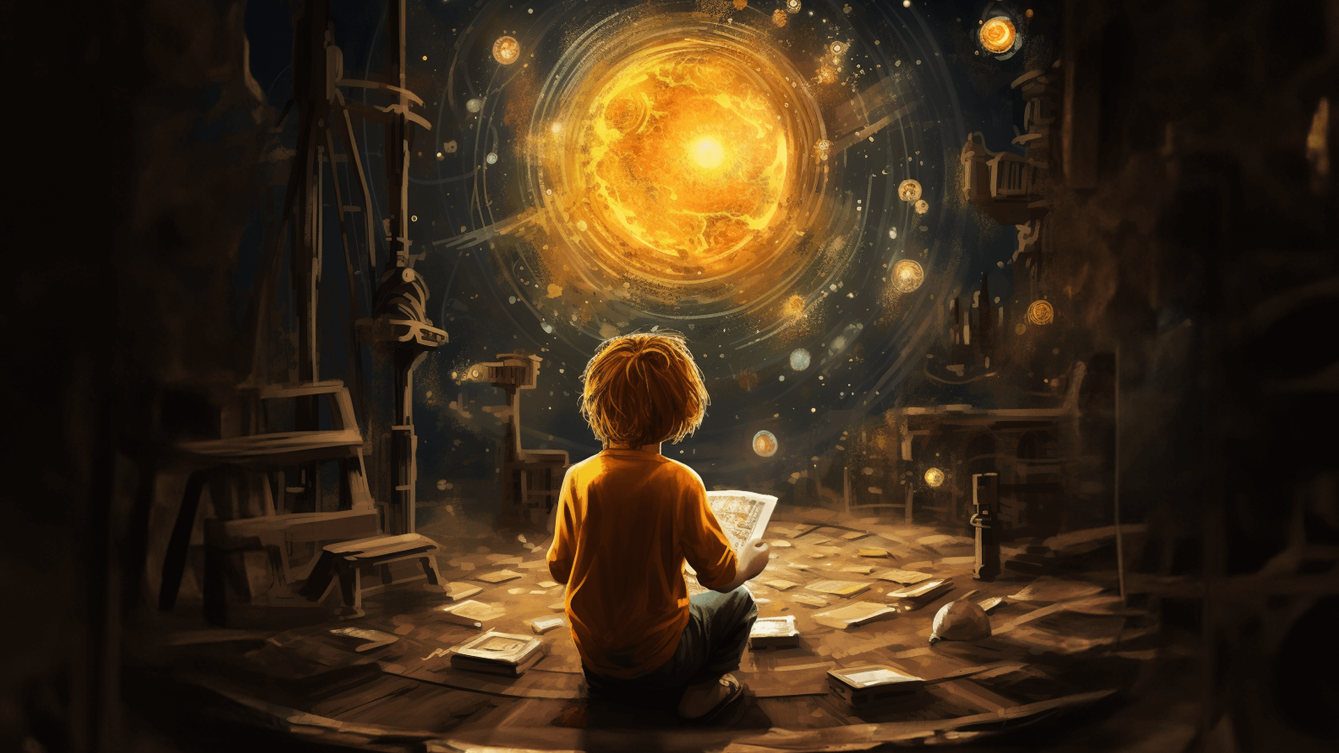 illustration of a child drawing looking at the sun
