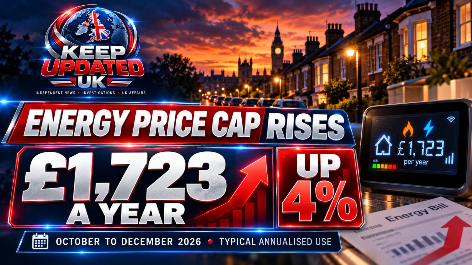 Keep Updated UK graphic explaining Ofgem's October to December 2026 energy price cap of £1,723 annually for typical use.