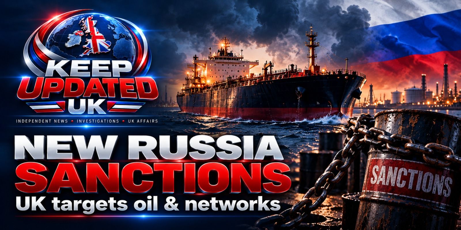 Illustration: an oil tanker at sea beside the colours of the Russian flag and a chained ‘Sanctions’ barrel, with the text ‘New Russia sanctions — UK targets oil and networks’