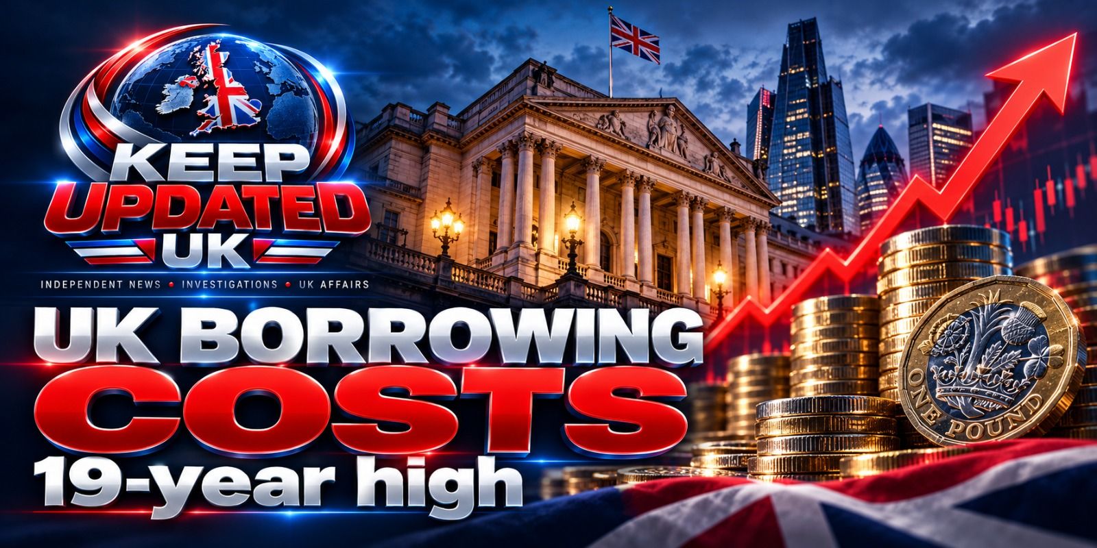 Illustration: a London financial district with stacks of pound coins and a rising red arrow, with the text ‘UK borrowing costs, 19-year high’