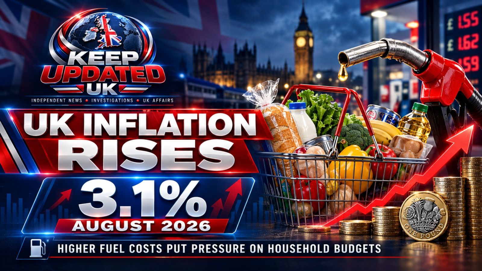 Keep Updated UK inflation news graphic featuring a shopping basket, petrol pump and the 3.1% CPI inflation rate.