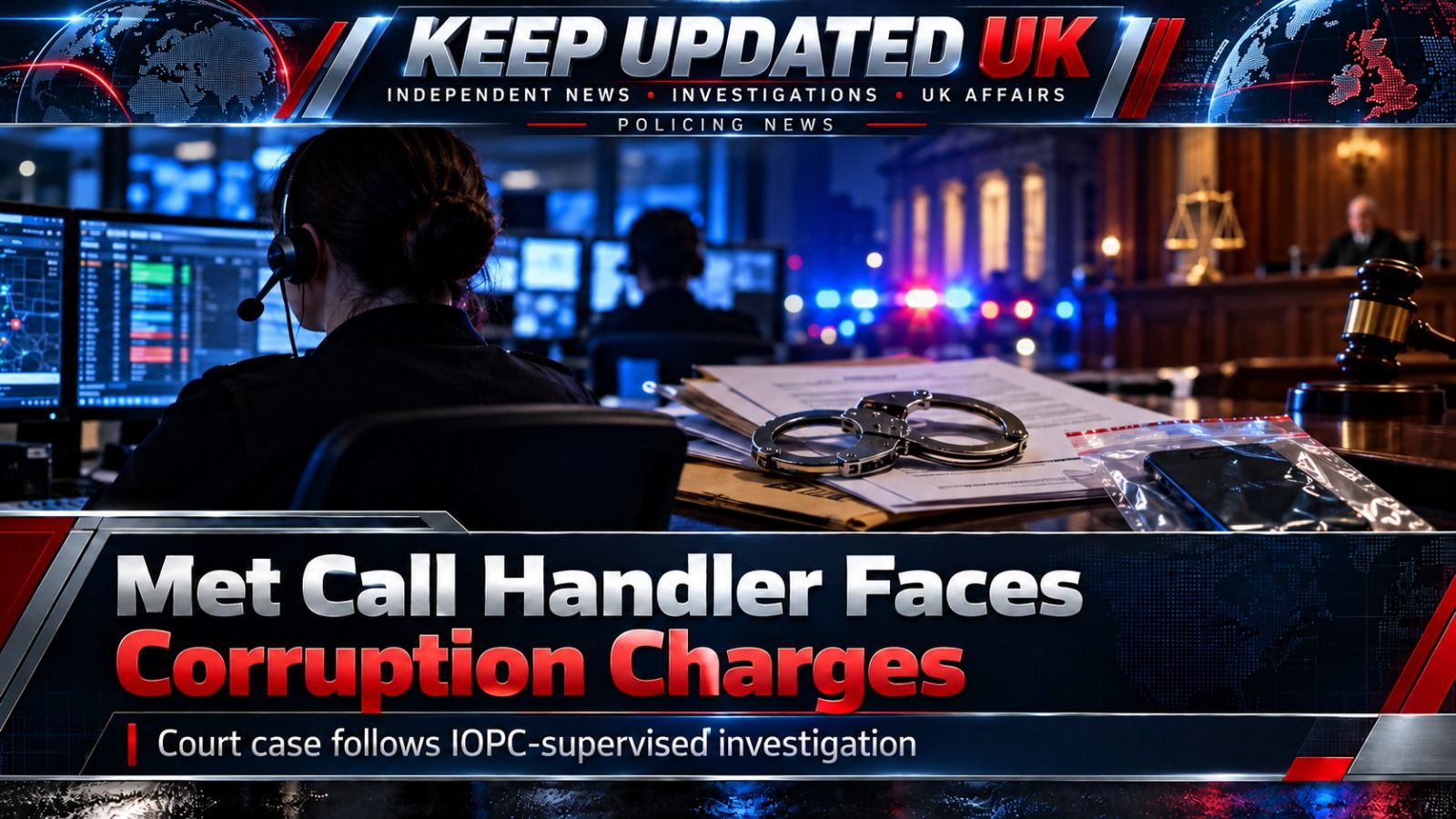 Illustration of an unoccupied police call-centre desk for a report on criminal charges against an employee.