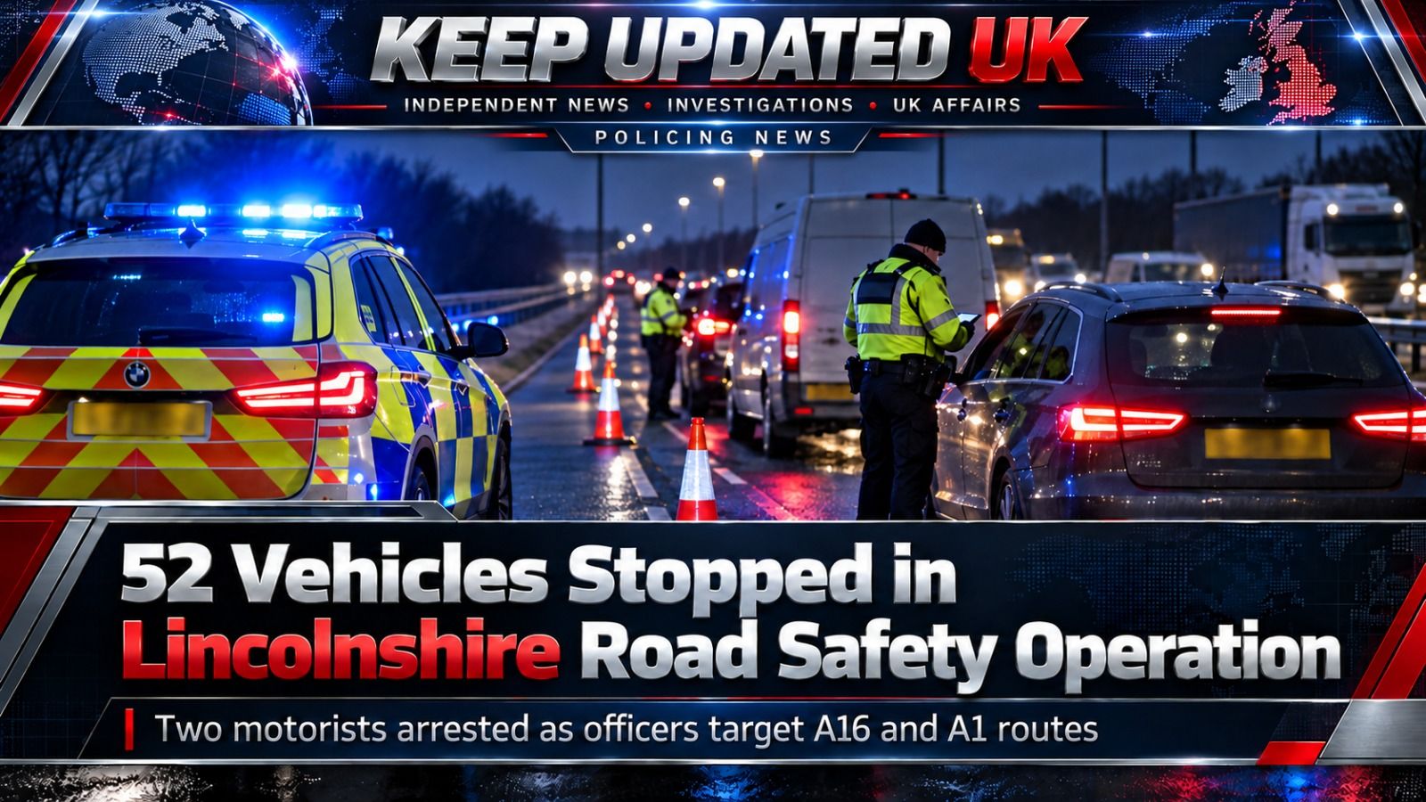 Illustration of a road-safety checkpoint on a Lincolnshire road representing Operation Excess.