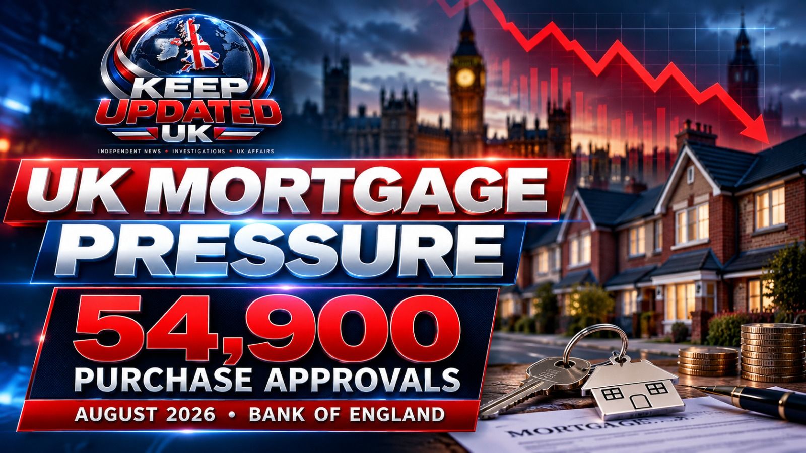 Keep Updated UK mortgage news graphic showing houses and mortgage approval figures from the Bank of England.