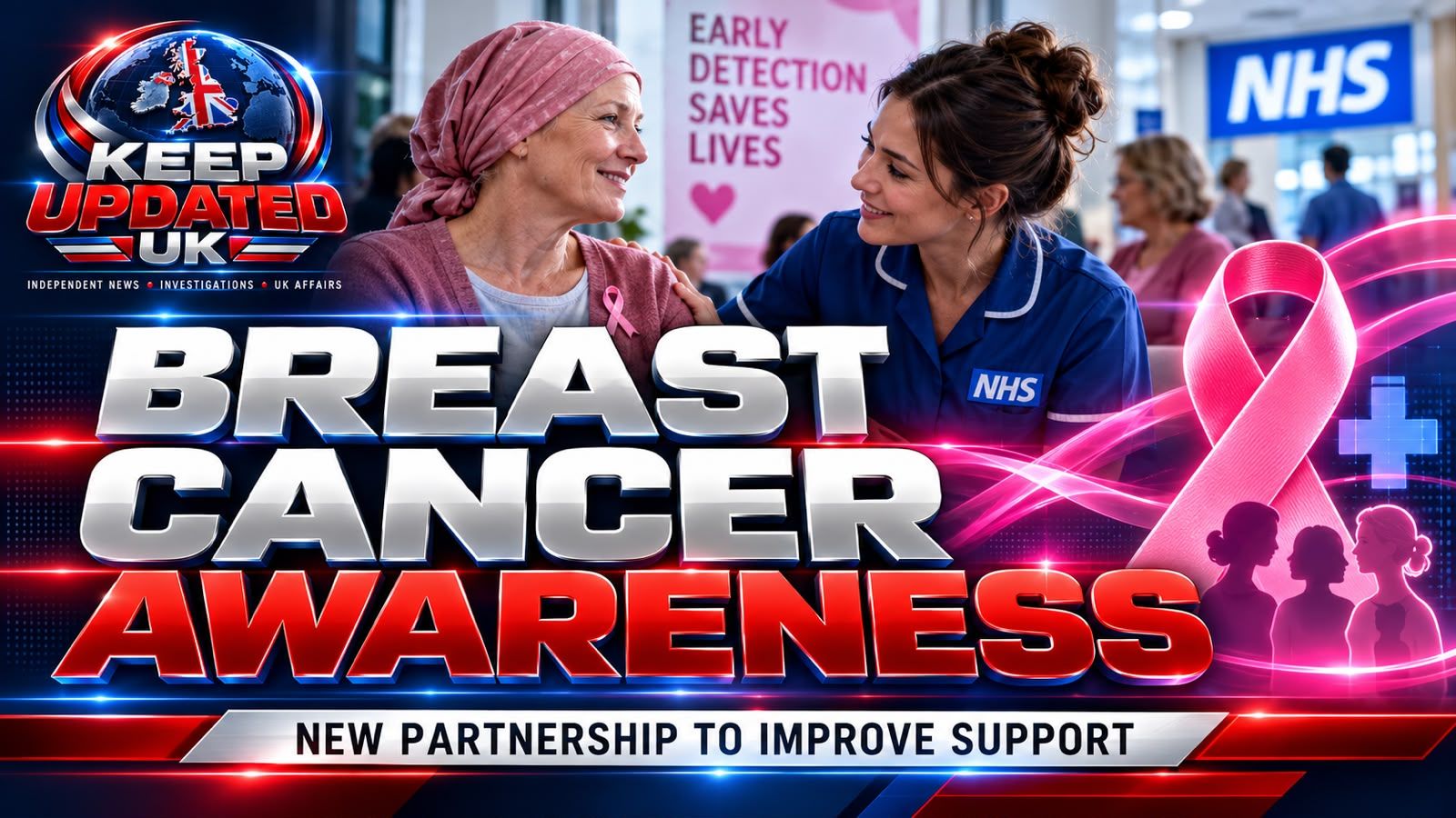 Pink breast cancer awareness ribbon beside a clinic information leaflet