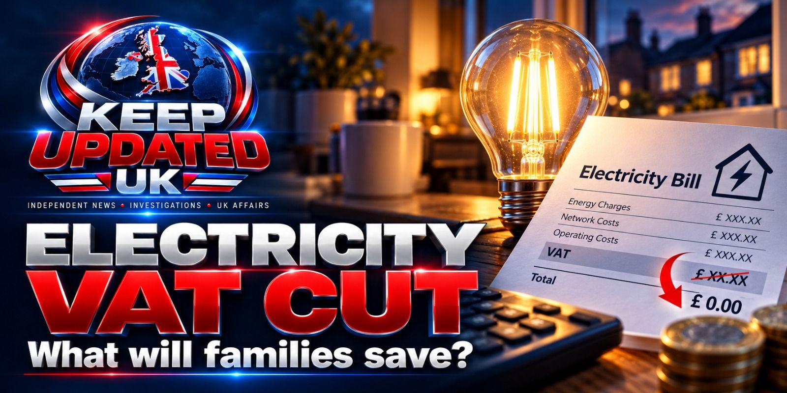 Illustration: a lit light bulb, an electricity bill and coins, with the text ‘Electricity VAT cut — what will families save?’