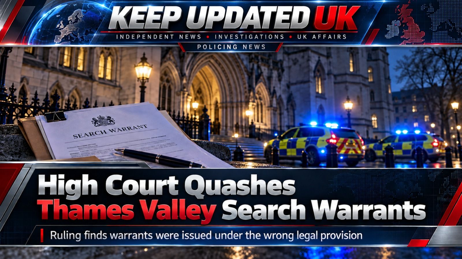 Illustration of a courthouse exterior for a report about a High Court decision on police search warrants.