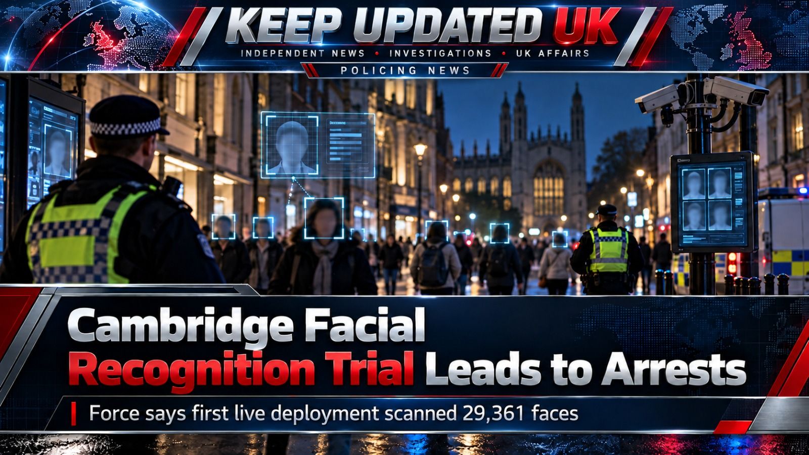 Conceptual illustration of a pedestrian street and digital outlines representing live facial recognition technology.
