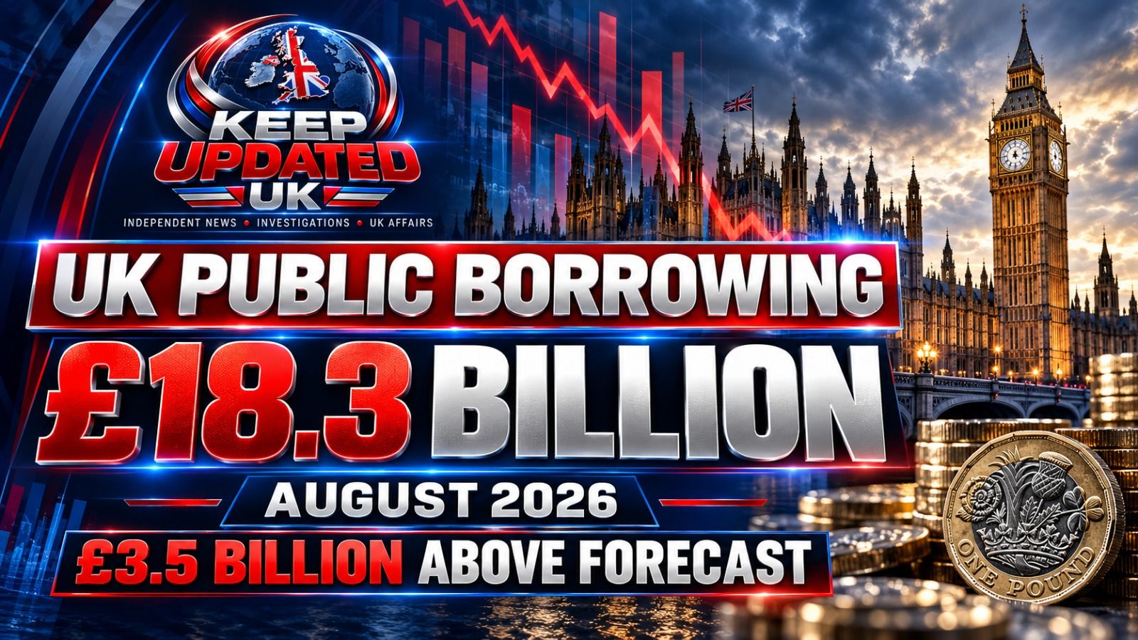 Keep Updated UK news graphic showing Parliament and the £18.3 billion public sector borrowing figure for August 2026.