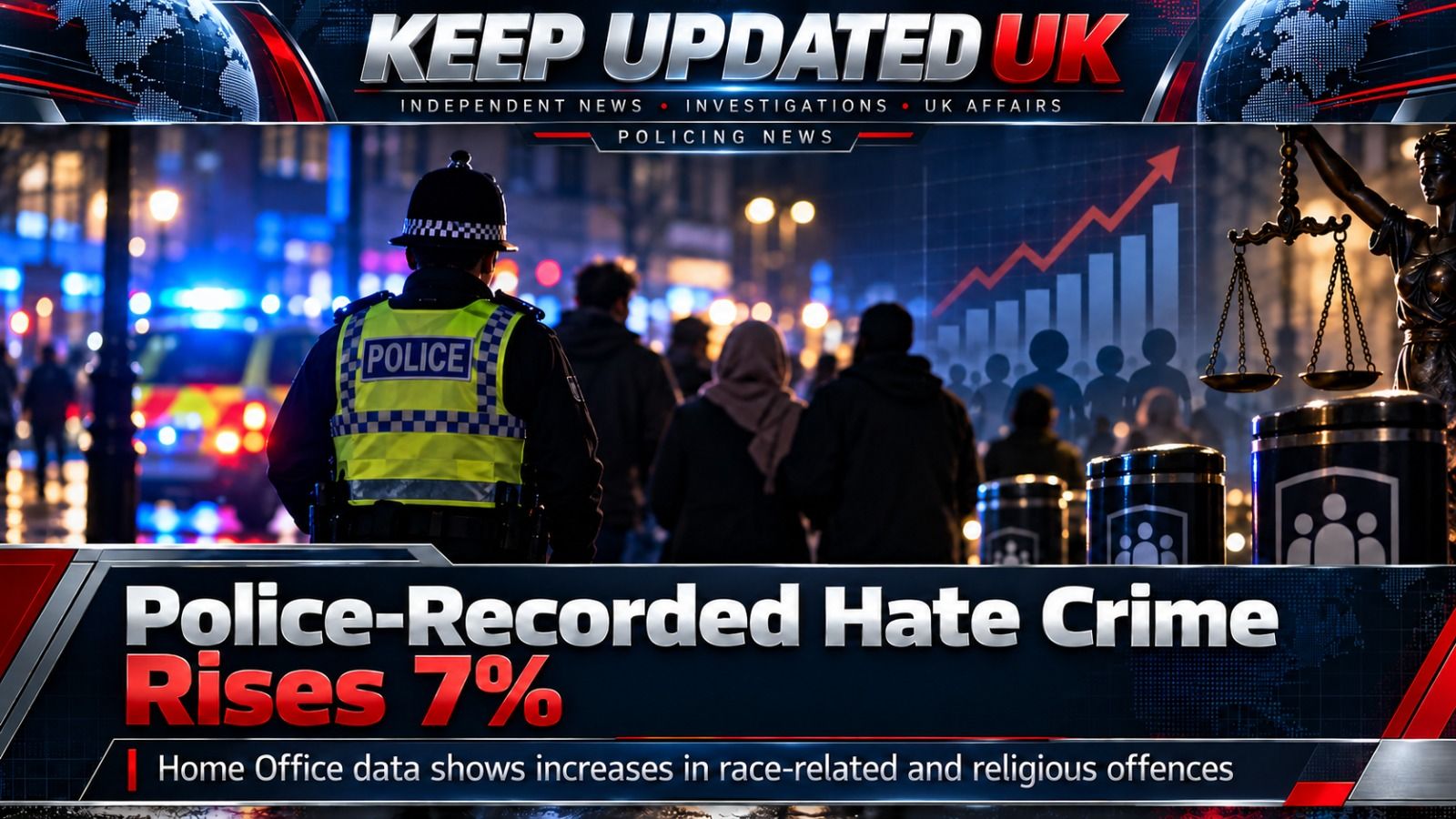 Simple infographic comparing police-recorded hate crime totals in England and Wales in 2024-25 and 2025-26.