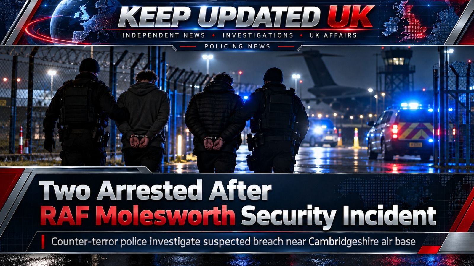 Editorial illustration of a military perimeter fence at twilight, representing the RAF Molesworth investigation.